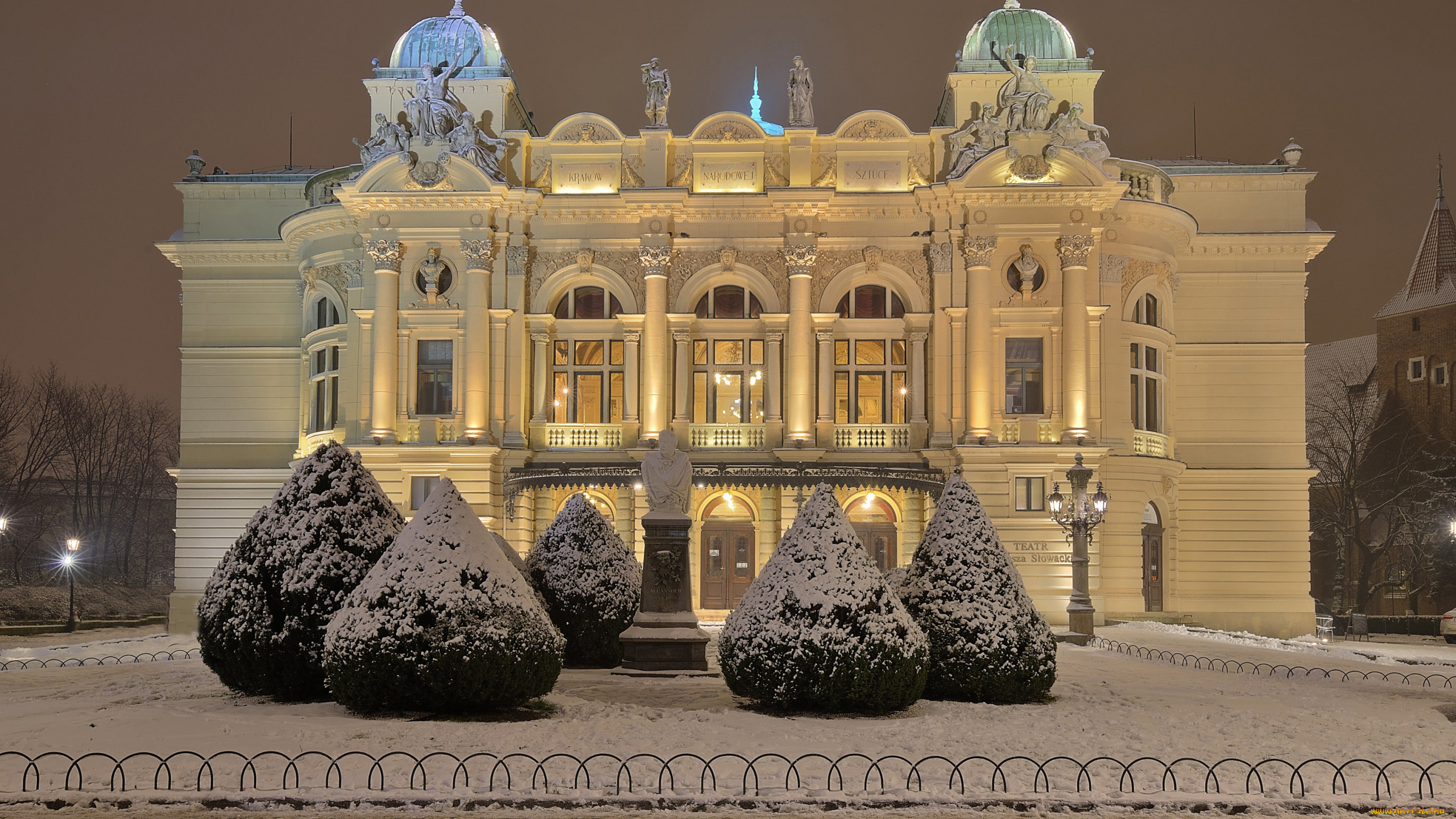 города, краков, , польша, зима, снег, театр