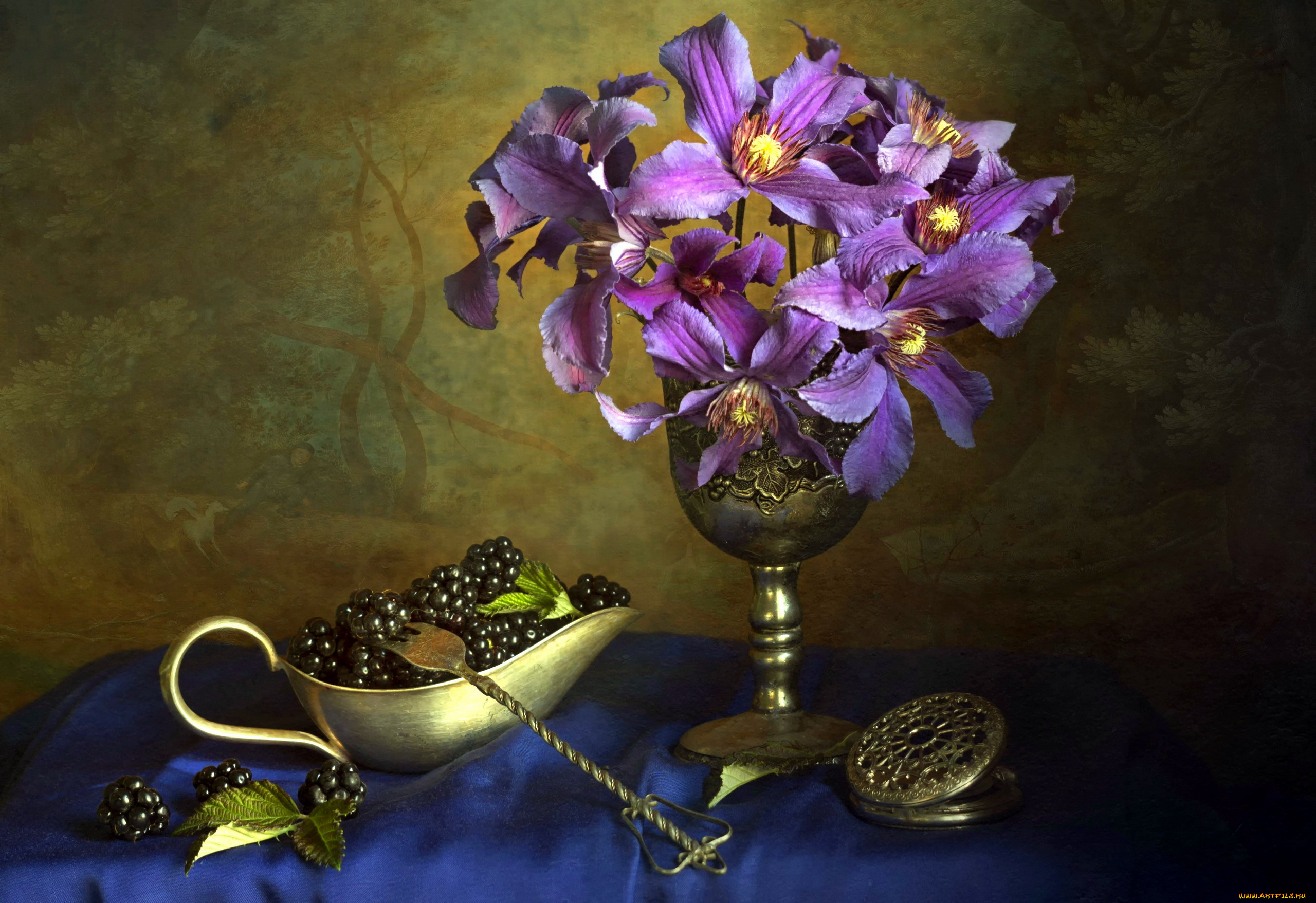 еда, ежевика, ягоды, букет, клематисы