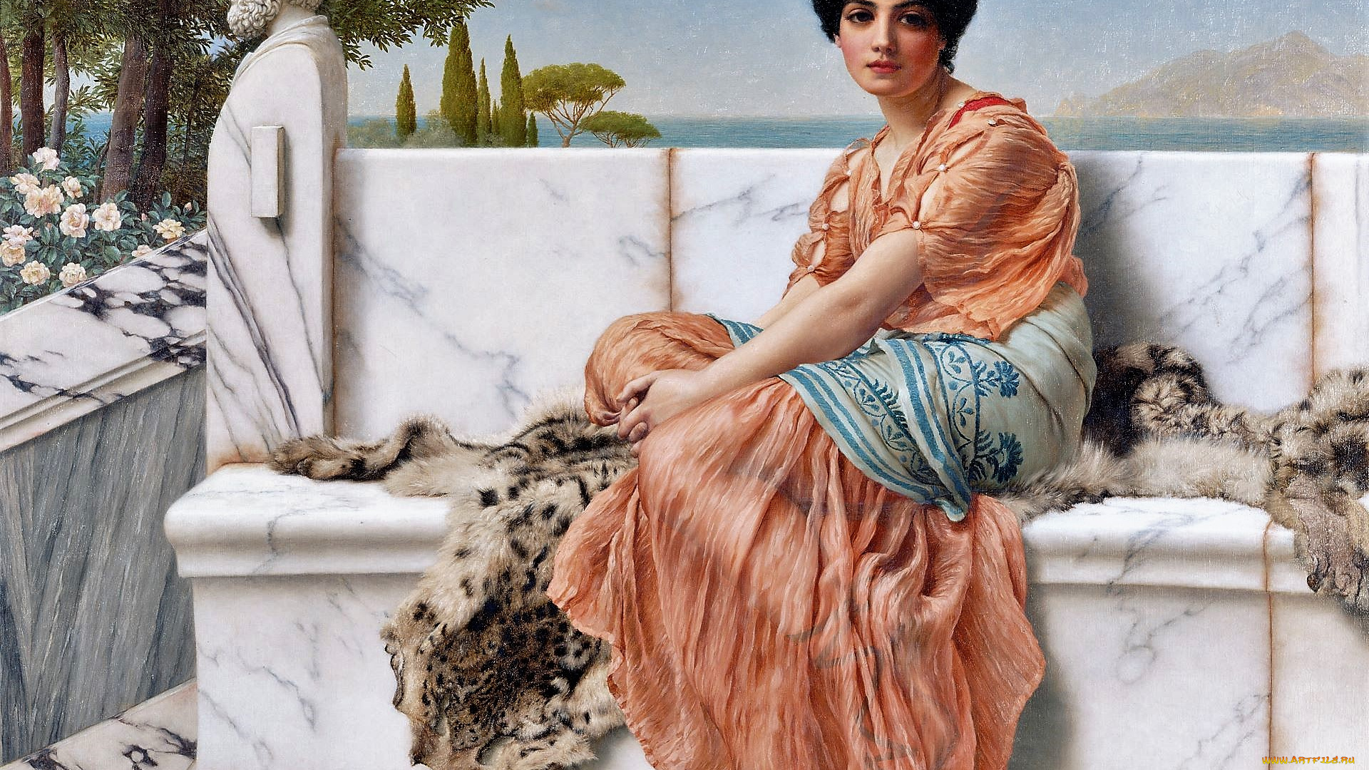 in, the, days, of, sappho, рисованное, john, william, godward, женщина, шкура, скамейка, мрамор