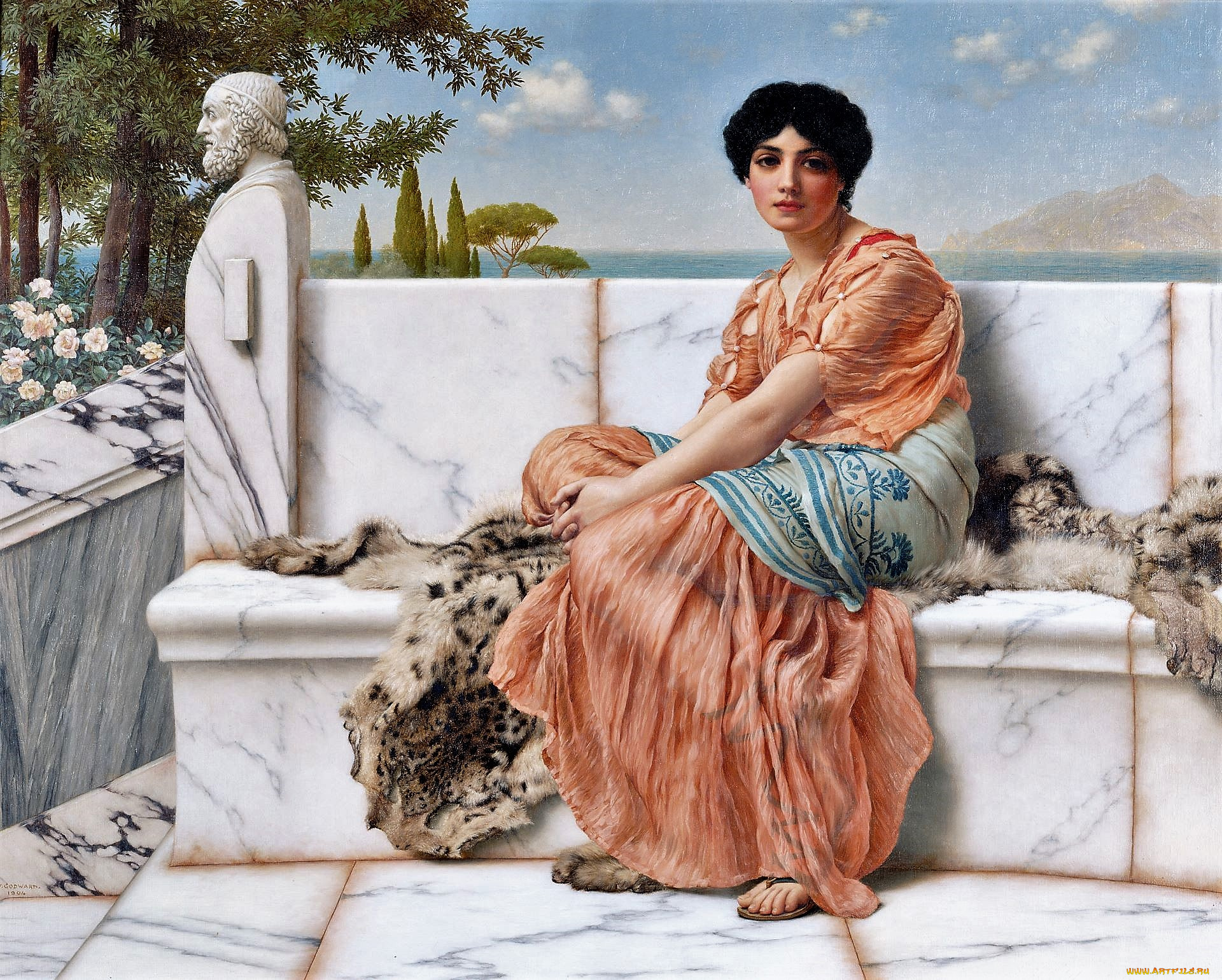 in, the, days, of, sappho, рисованное, john, william, godward, женщина, шкура, скамейка, мрамор