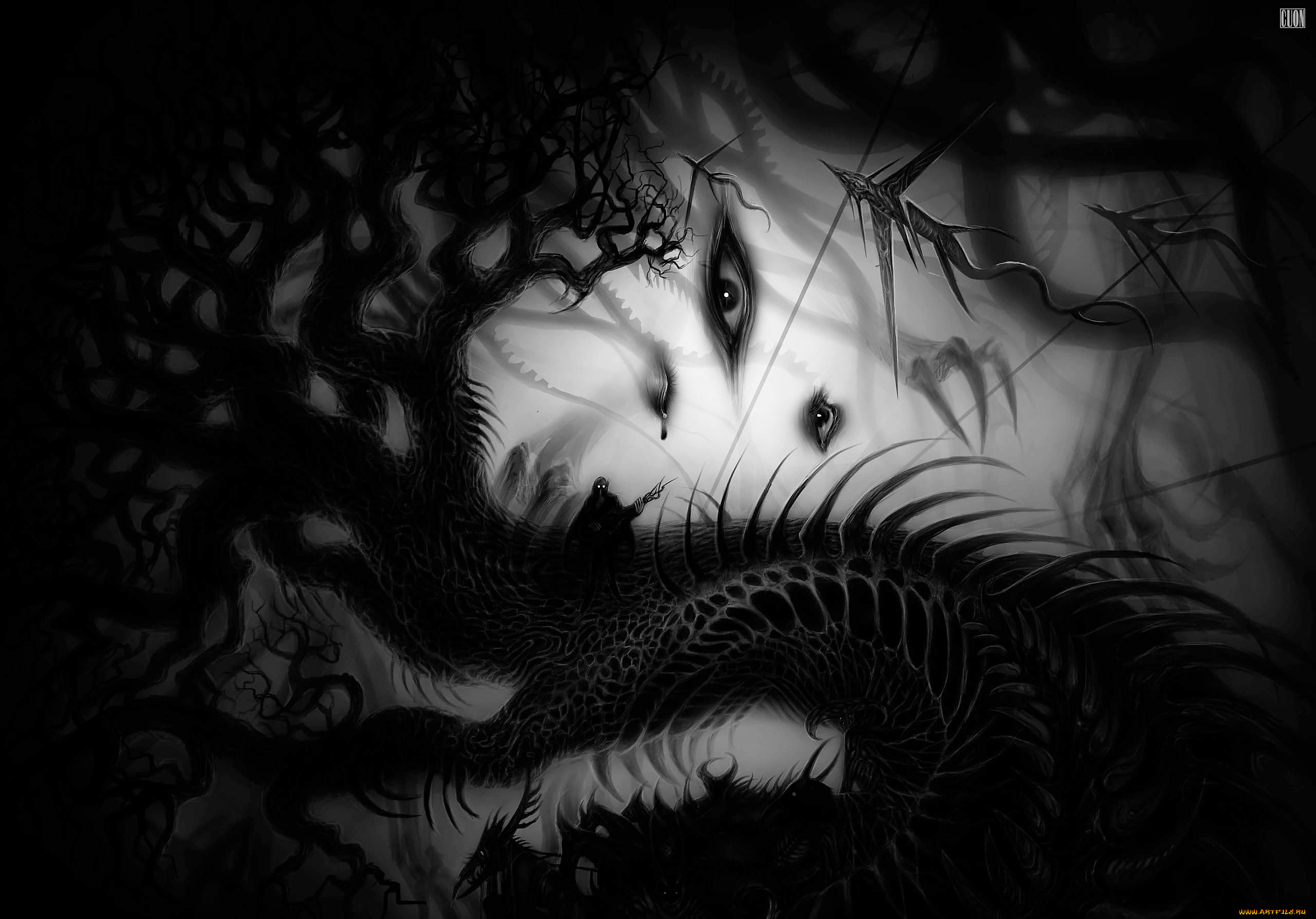 фэнтези, нежить, глаза, ветки, дерево, демон