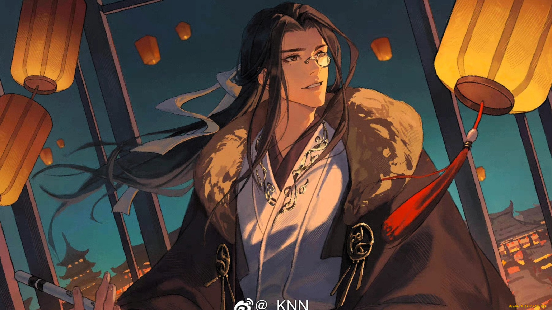 аниме, sha, po, lang, мужчина, монокль, фонари