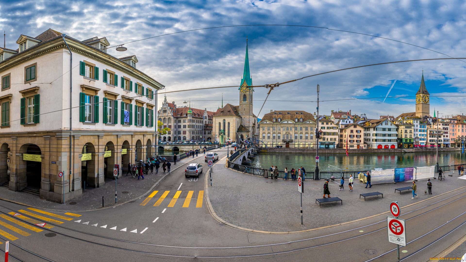 города, цюрих, , швейцария, панорама, дома, реки, улица, набережная, цюрих