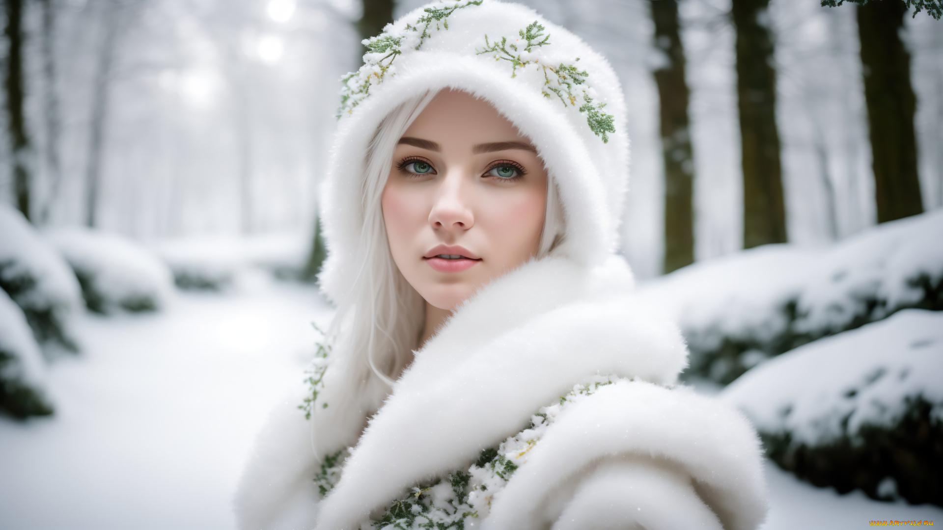 нейросеть, 3д, графика, фантазия, , fantasy, girl, green, eyes, nature, art, winter, snow