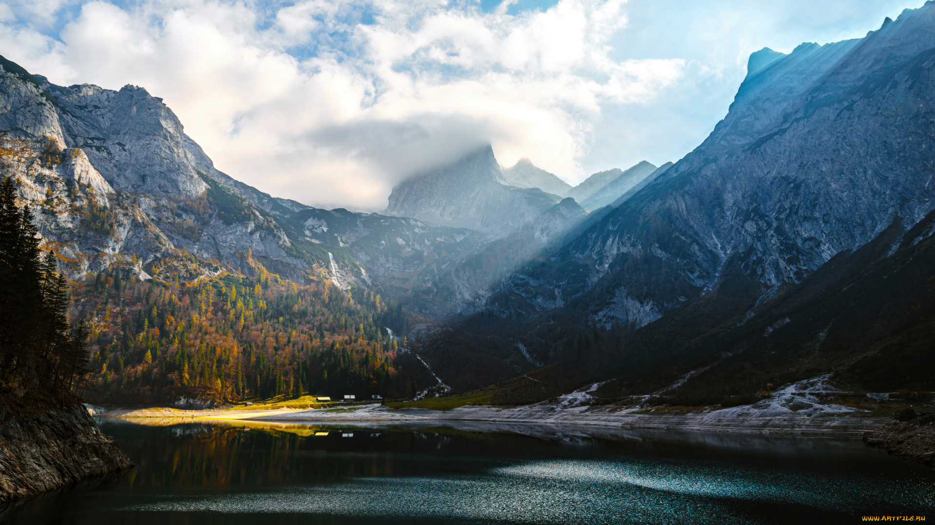 природа, горы, небо, скалы, oзеро, cолнечные, лучи