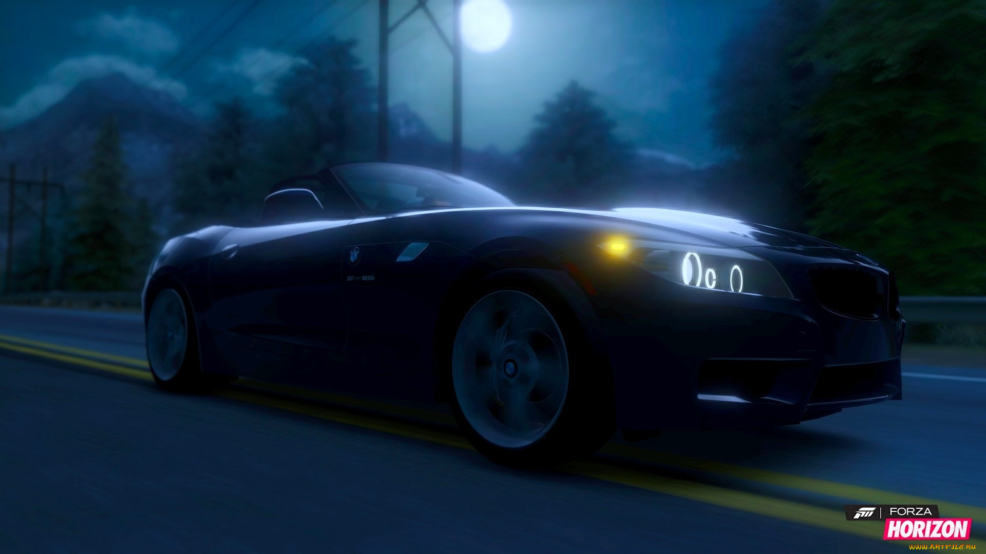 видео, игры, forza, horizon, машина, черная, скорость, дорога, ночь