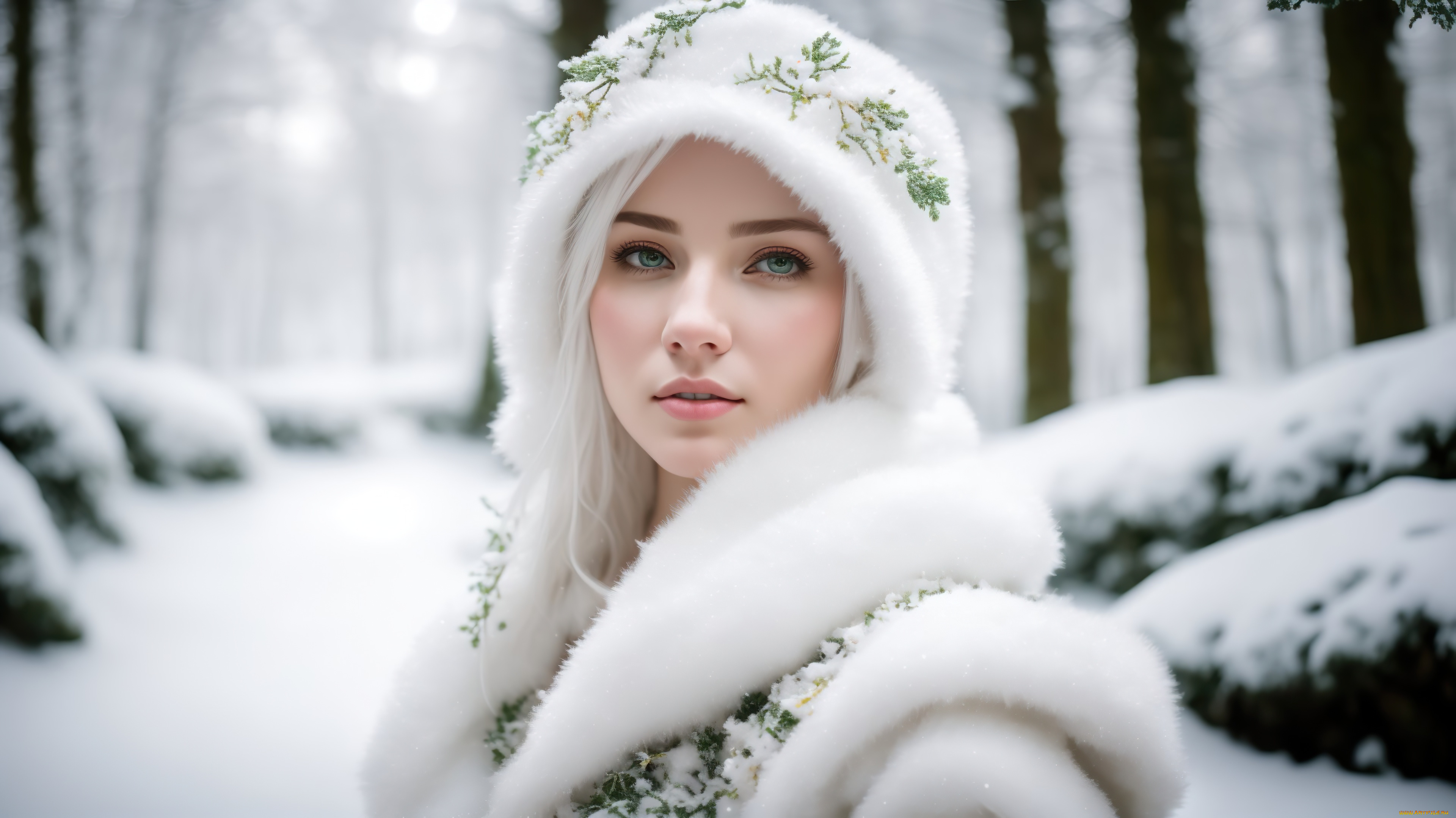 нейросеть, 3д, графика, фантазия, , fantasy, girl, green, eyes, nature, art, winter, snow