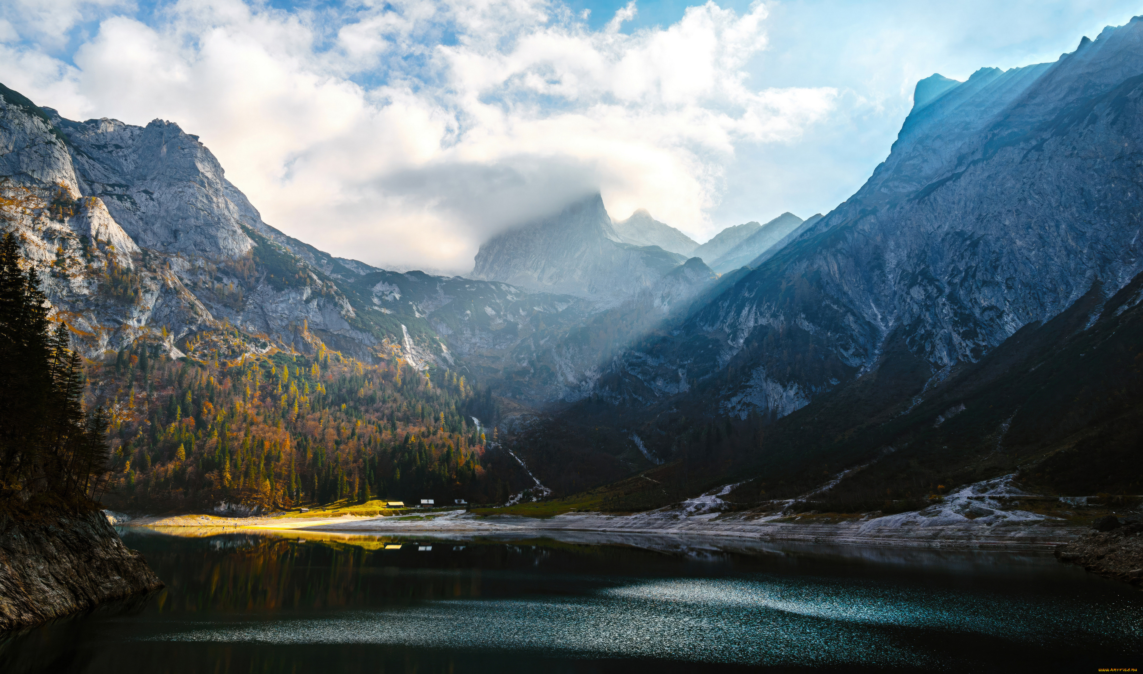 природа, горы, небо, скалы, oзеро, cолнечные, лучи