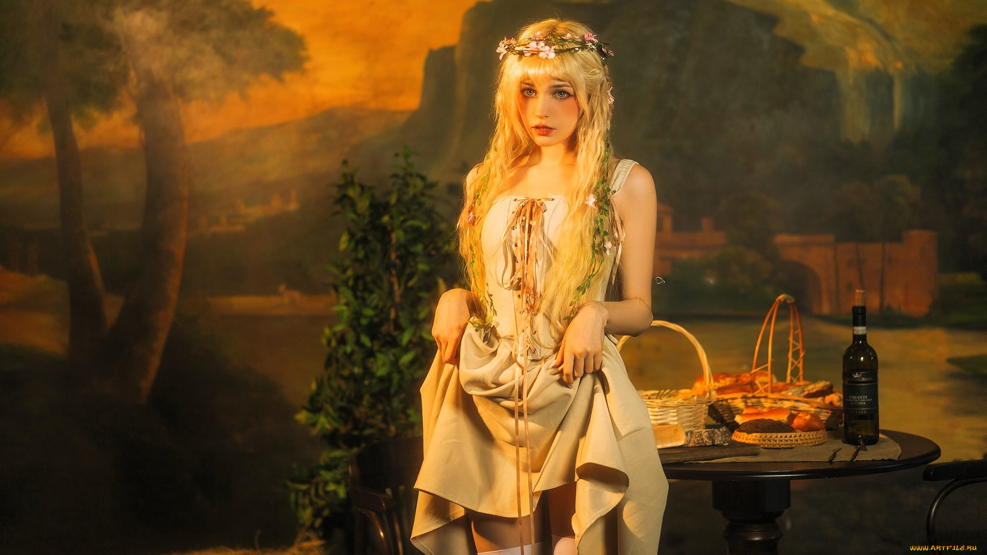 девушки, tenletters, косплей, образ, наряд, костюм, блондинка, платье, венок, стол, еда