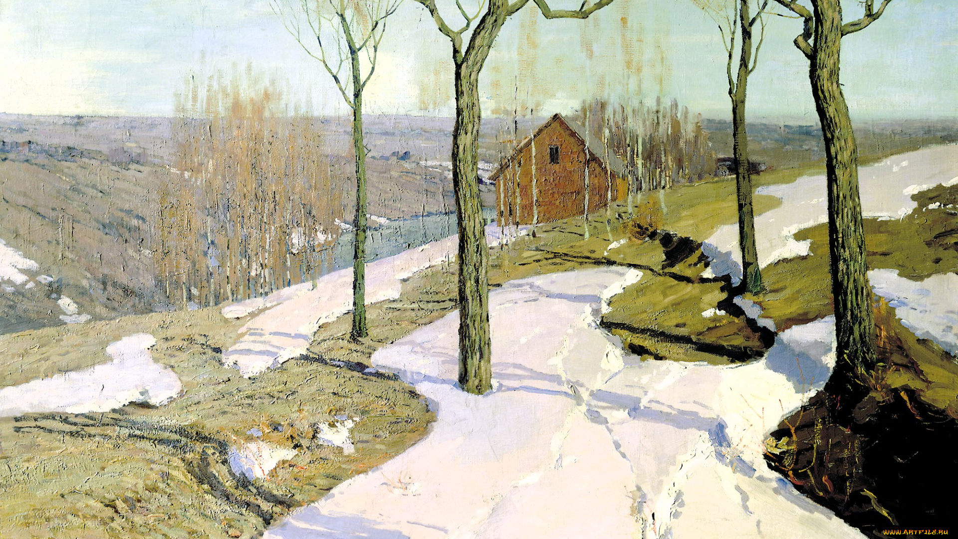 пурвит, вильгельм, -, последний, снег, рисованное, живопись, холмы, снег, весна, деревья, дом