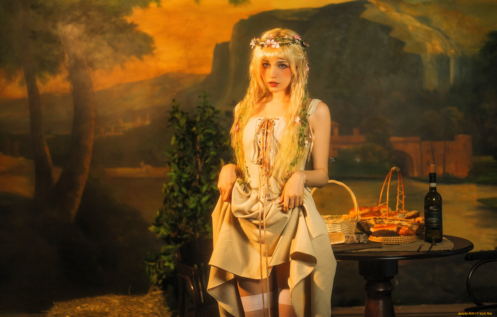 девушки, tenletters, косплей, образ, наряд, костюм, блондинка, платье, венок, стол, еда