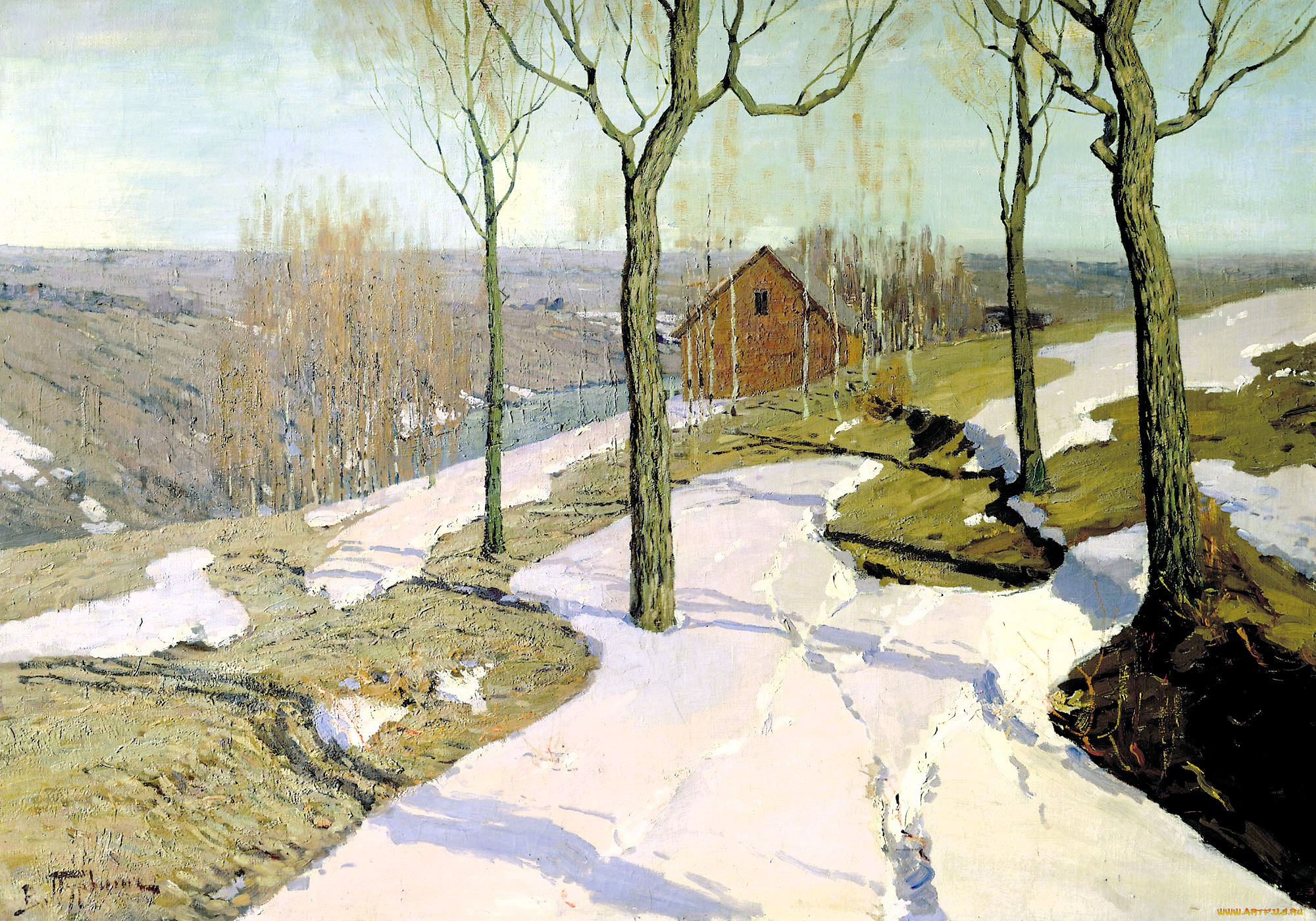 пурвит, вильгельм, -, последний, снег, рисованное, живопись, холмы, снег, весна, деревья, дом