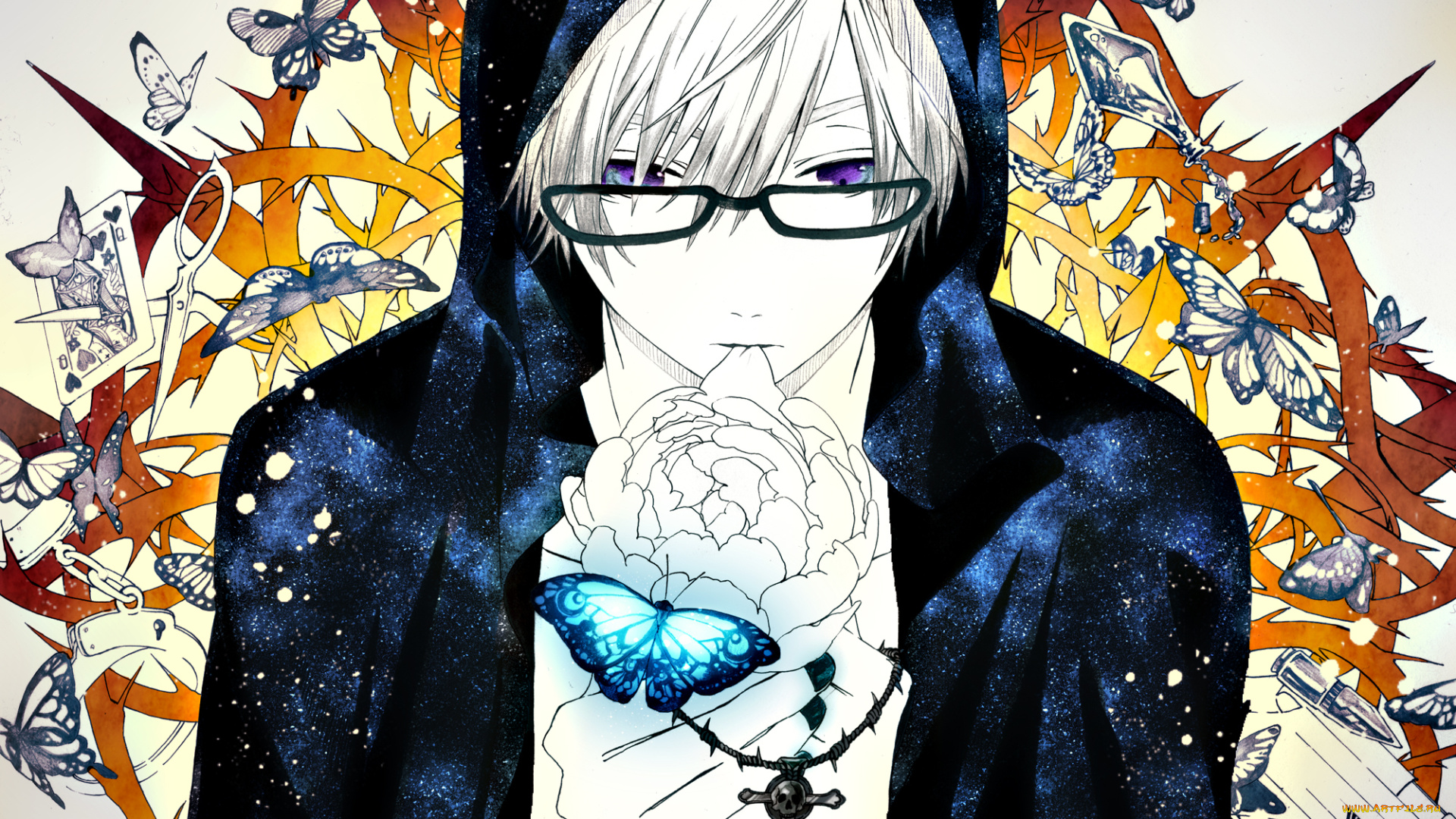 аниме, *unknown, другое, крест, капюшон, очки, парень, цветок, бабочки