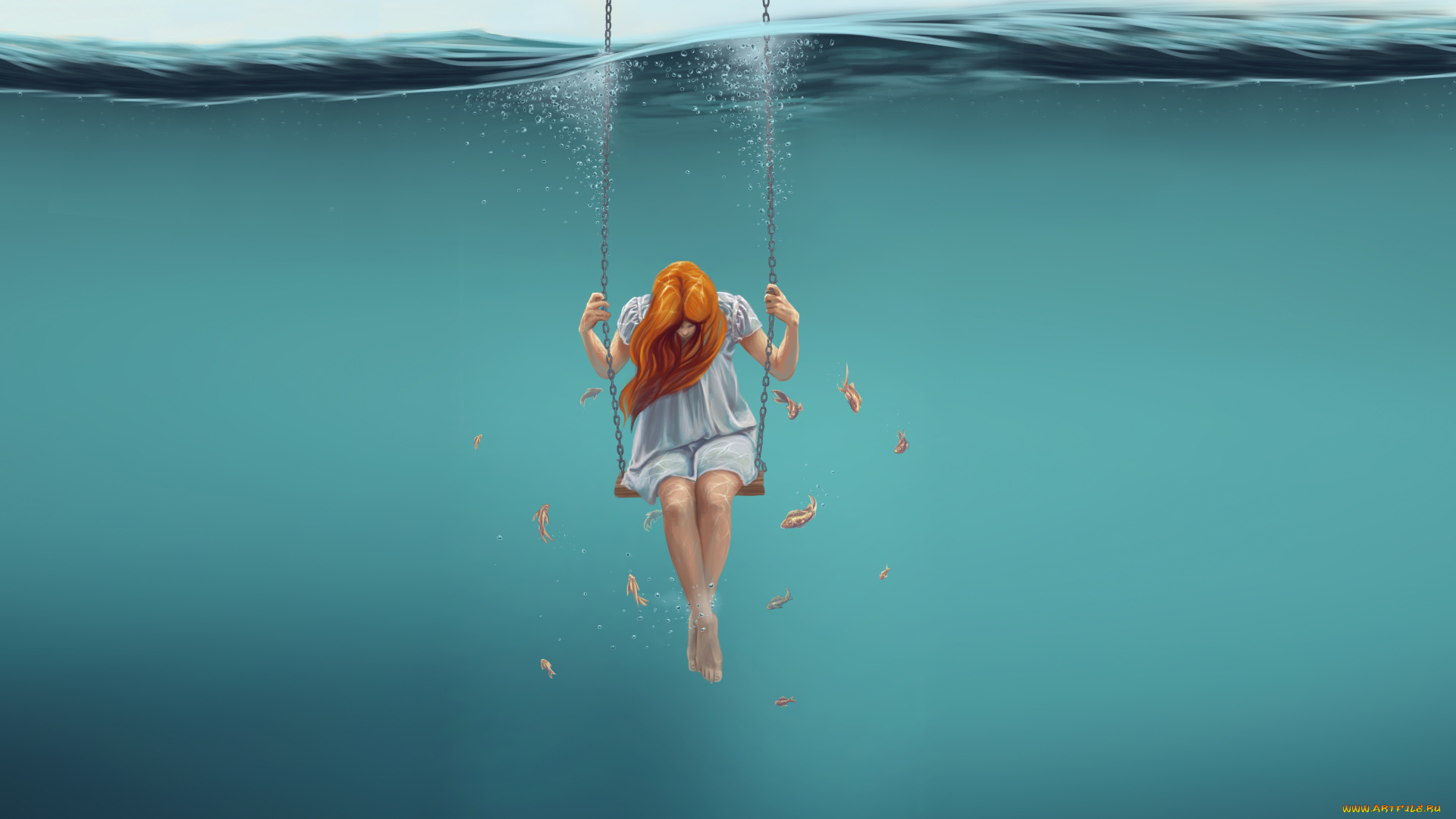 девушка, фэнтези, девушки, рыбы, качели, вода