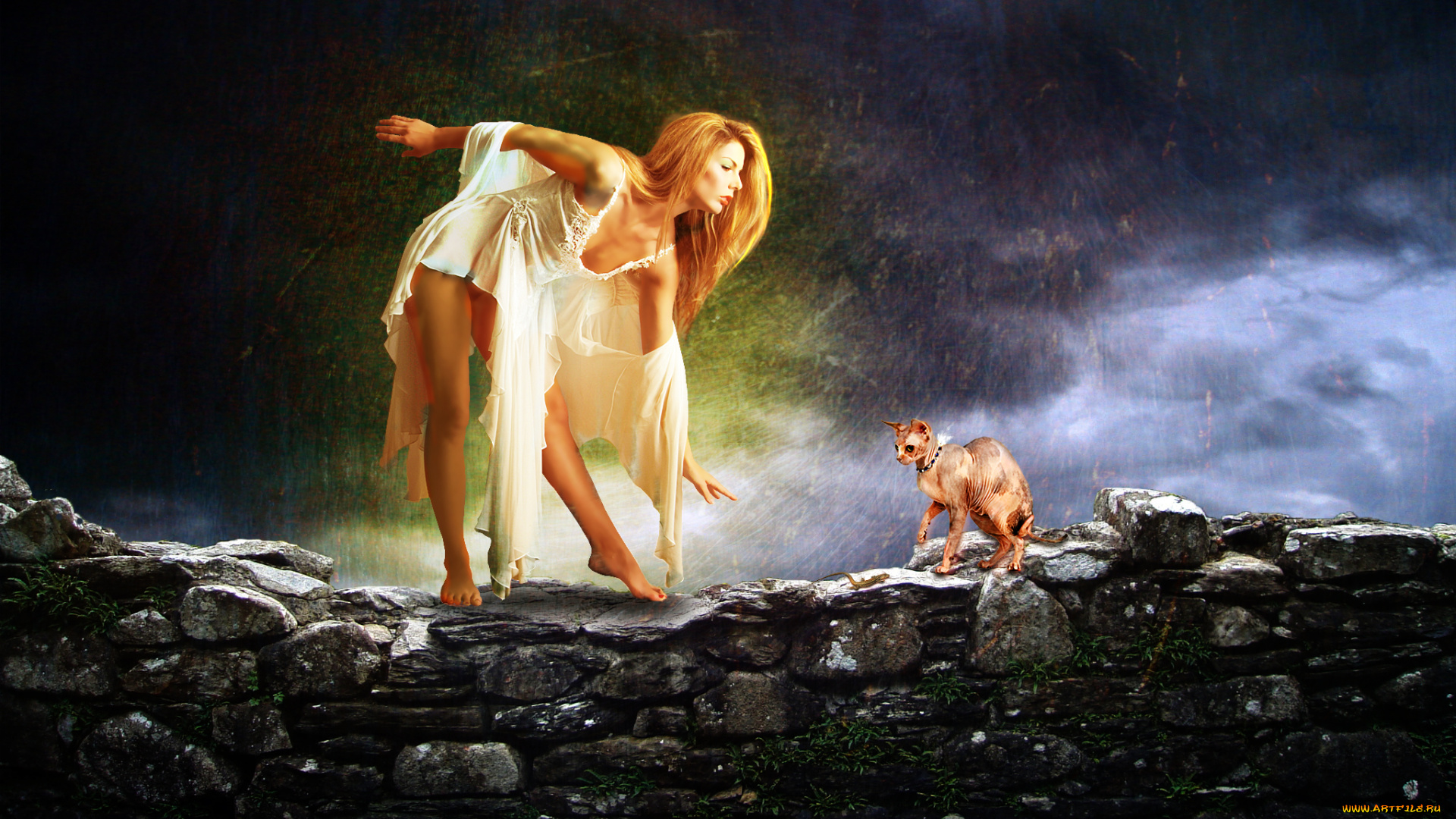 фэнтези, фотоарт, кошка, камни, фон, девушка