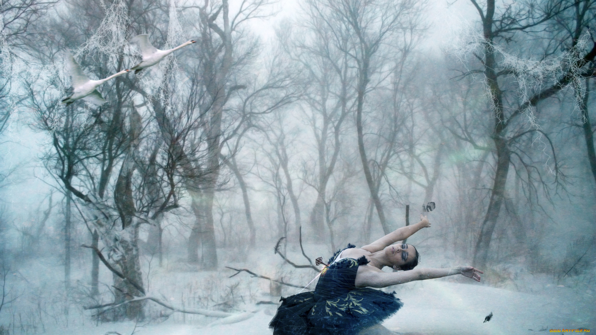 фэнтези, фотоарт, зима, девушка, лес, птицы