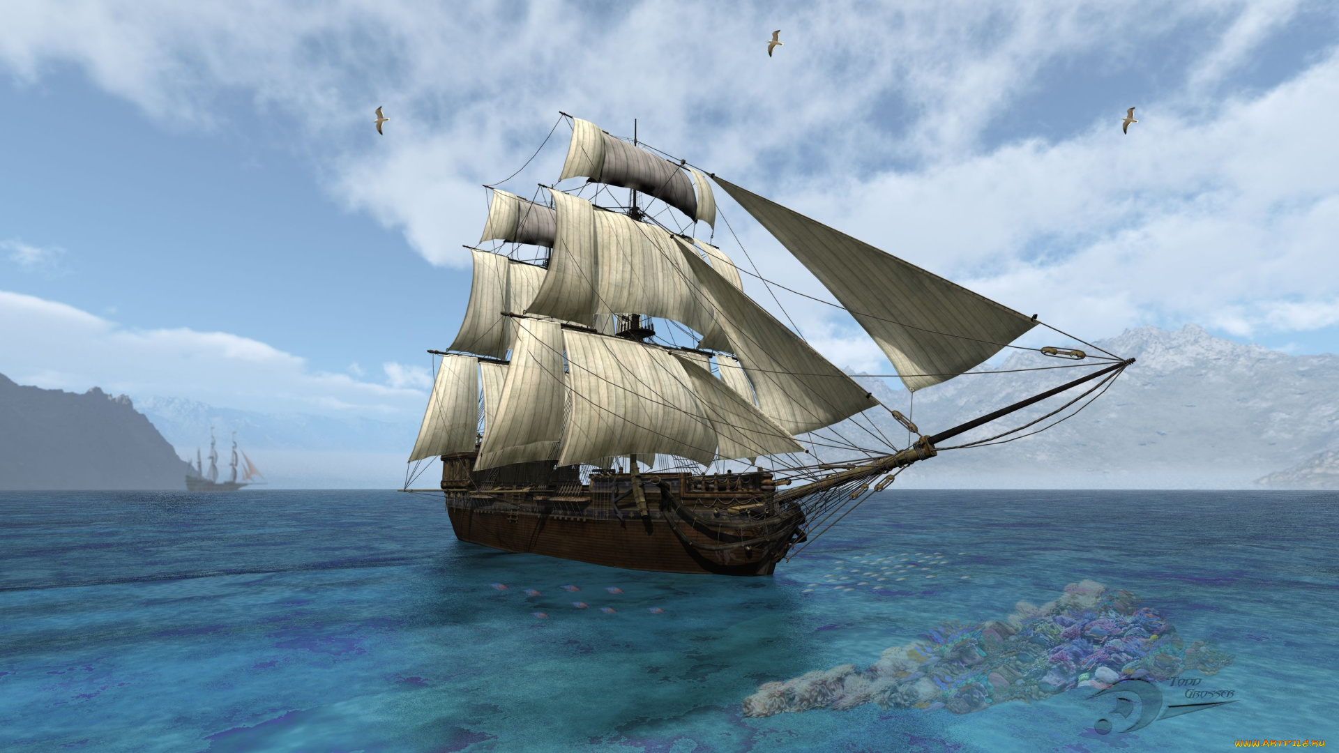 корабли, 3d, паруса