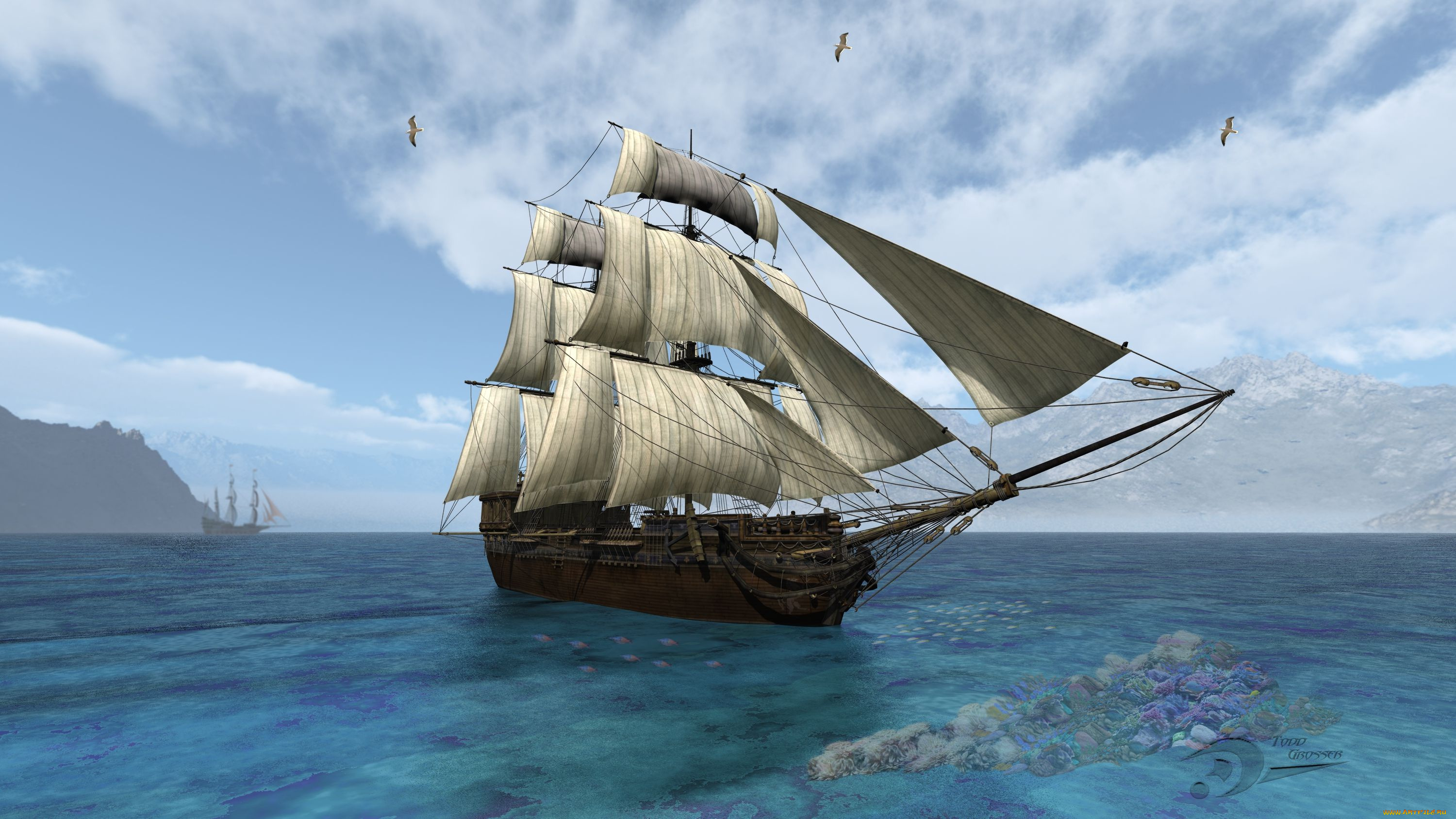 корабли, 3d, паруса