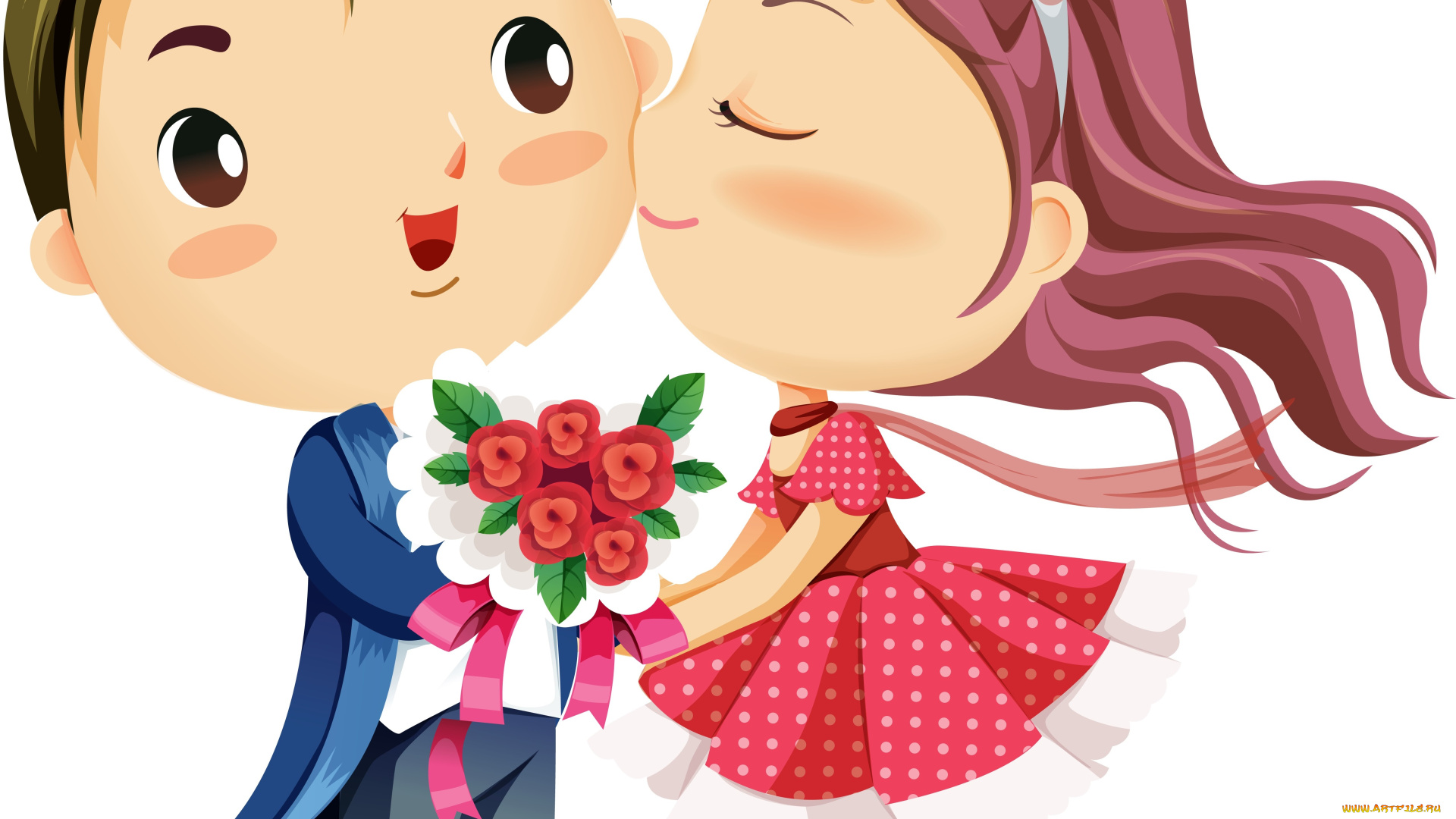 векторная, графика, дети, девочка, мальчик, цветы