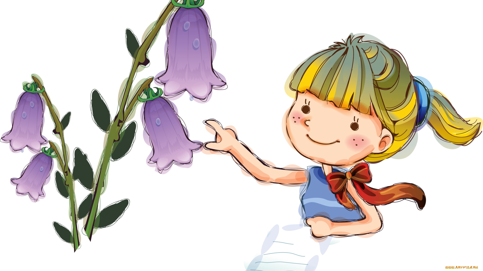 векторная, графика, дети, взгляд, девочка, цветы, фон