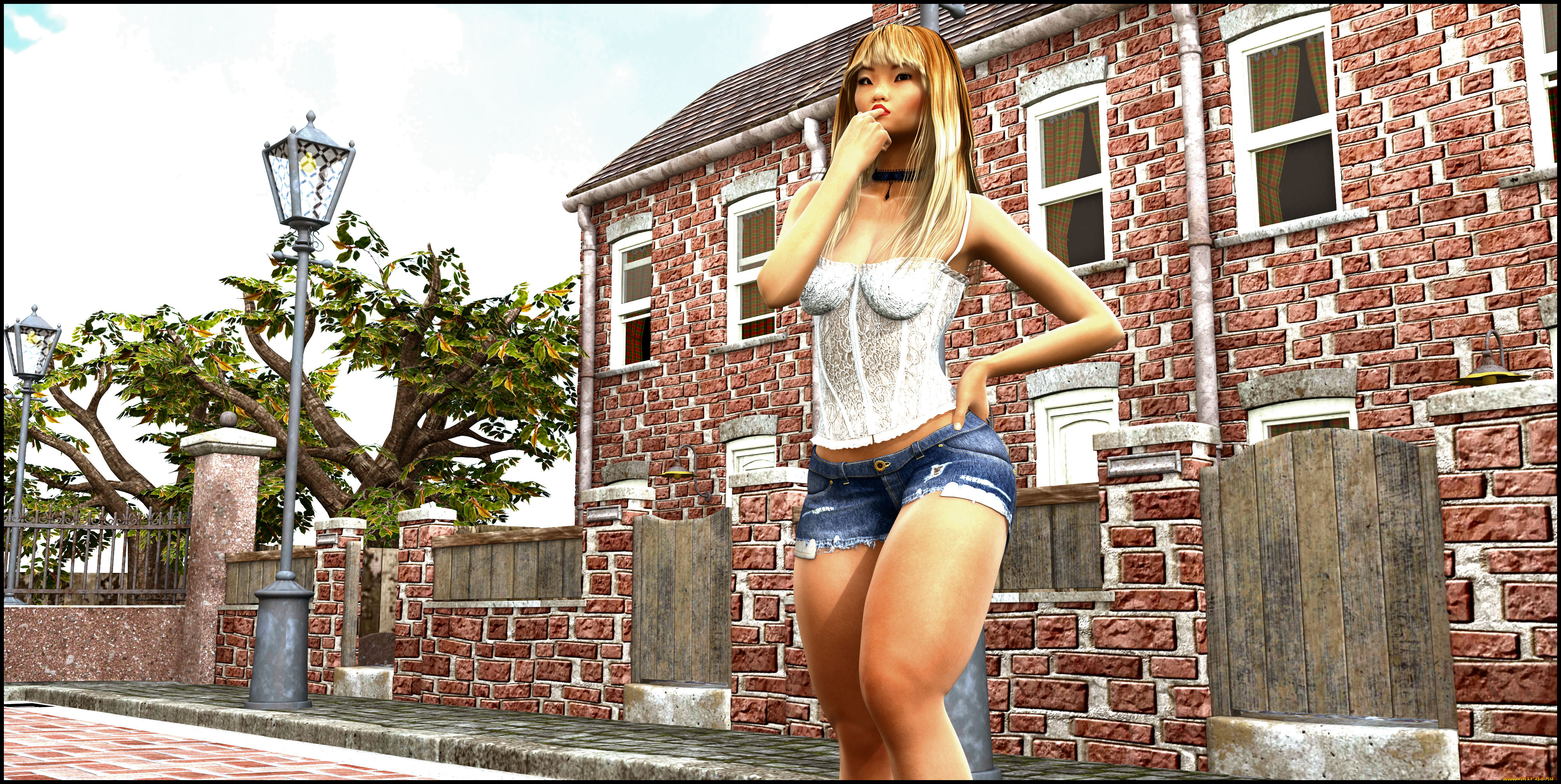 3д, графика, люди, , people, дом, фонарь, улица, фон, взгляд, девушка