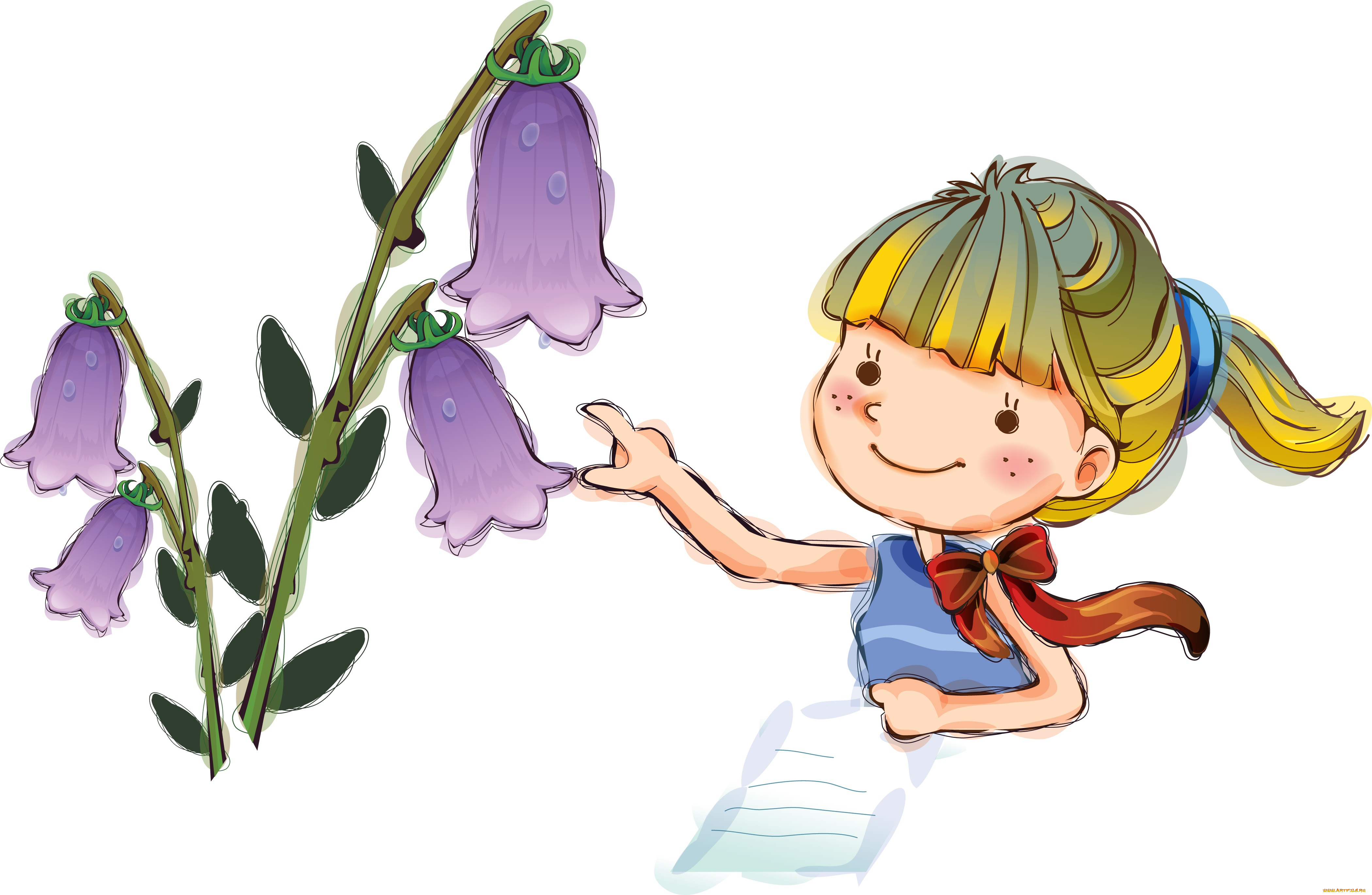 векторная, графика, дети, взгляд, девочка, цветы, фон
