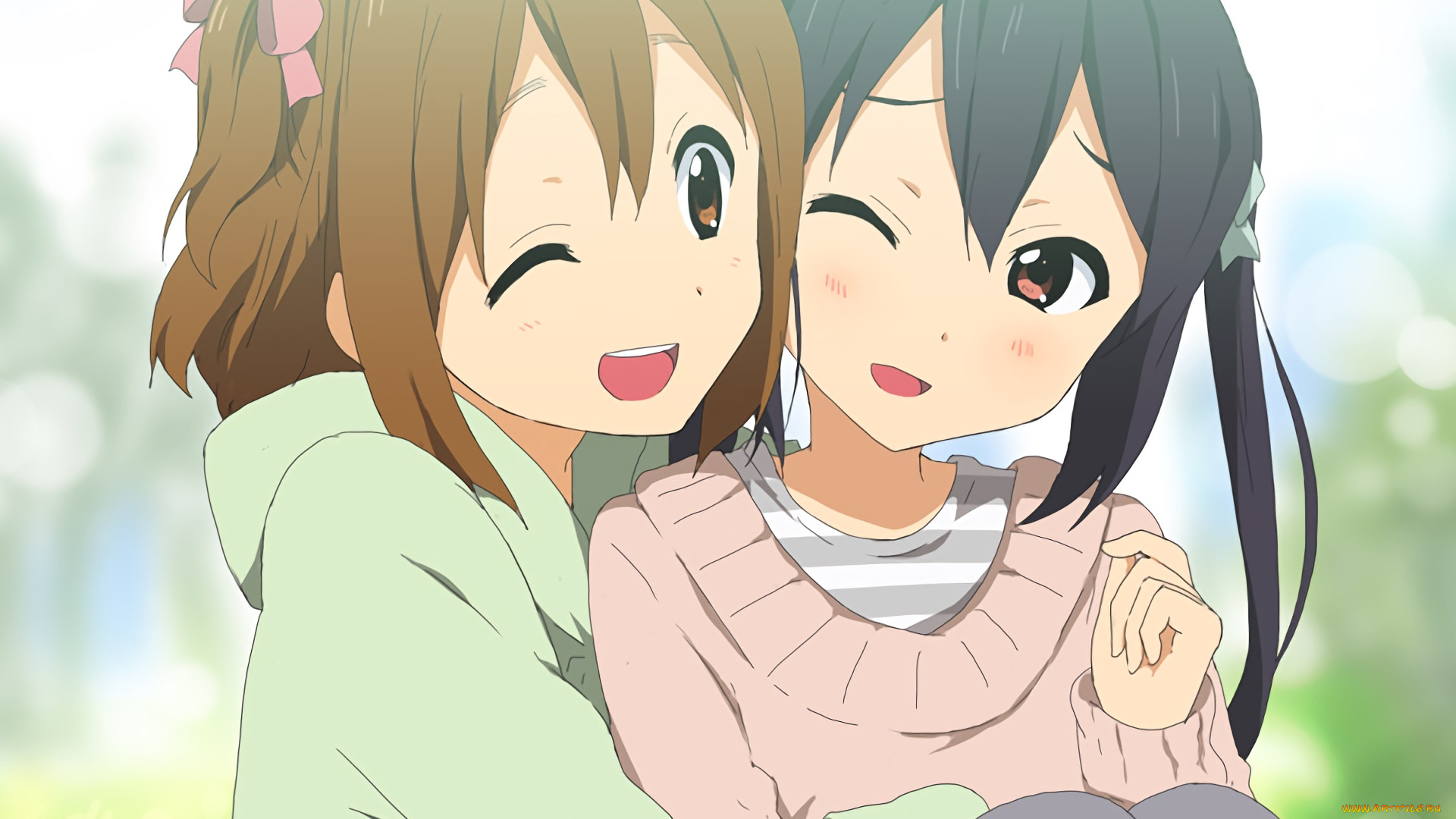 аниме, k-on, девушки, взгляд, фон