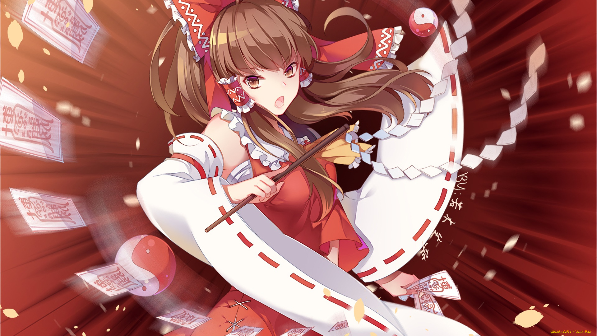 аниме, touhou, девушка, взгляд, фон