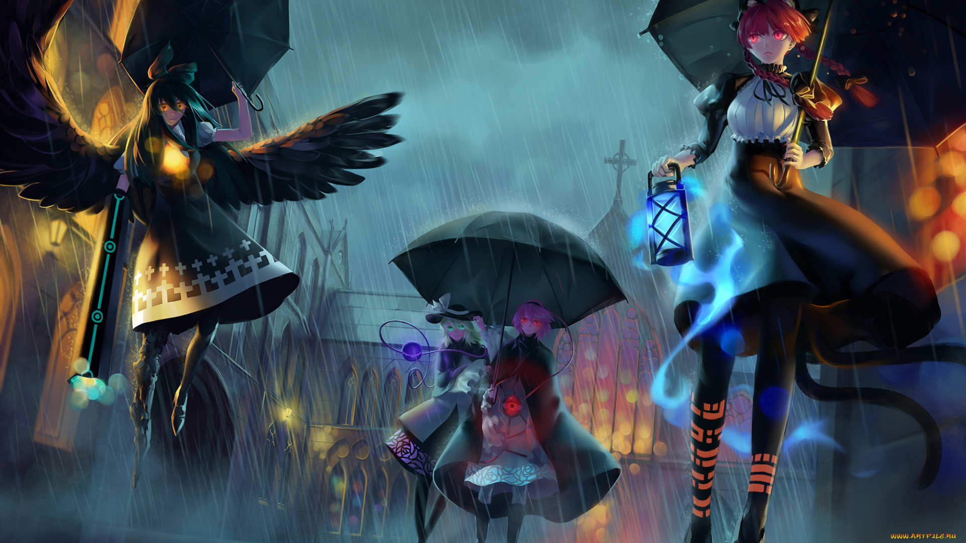 аниме, touhou, девушки, взгляд, фон