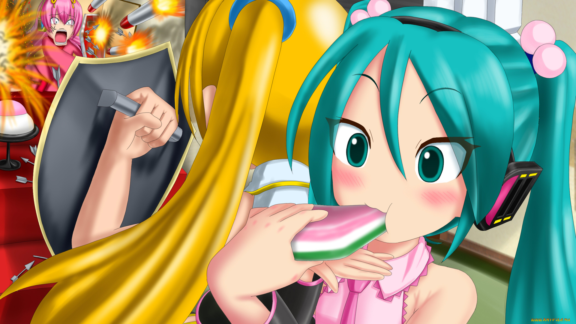 аниме, vocaloid, девушка, взгляд, фон