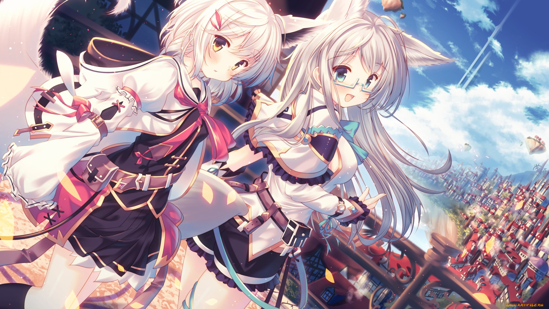 аниме, животные, , существа, девушки, взгляд, фон