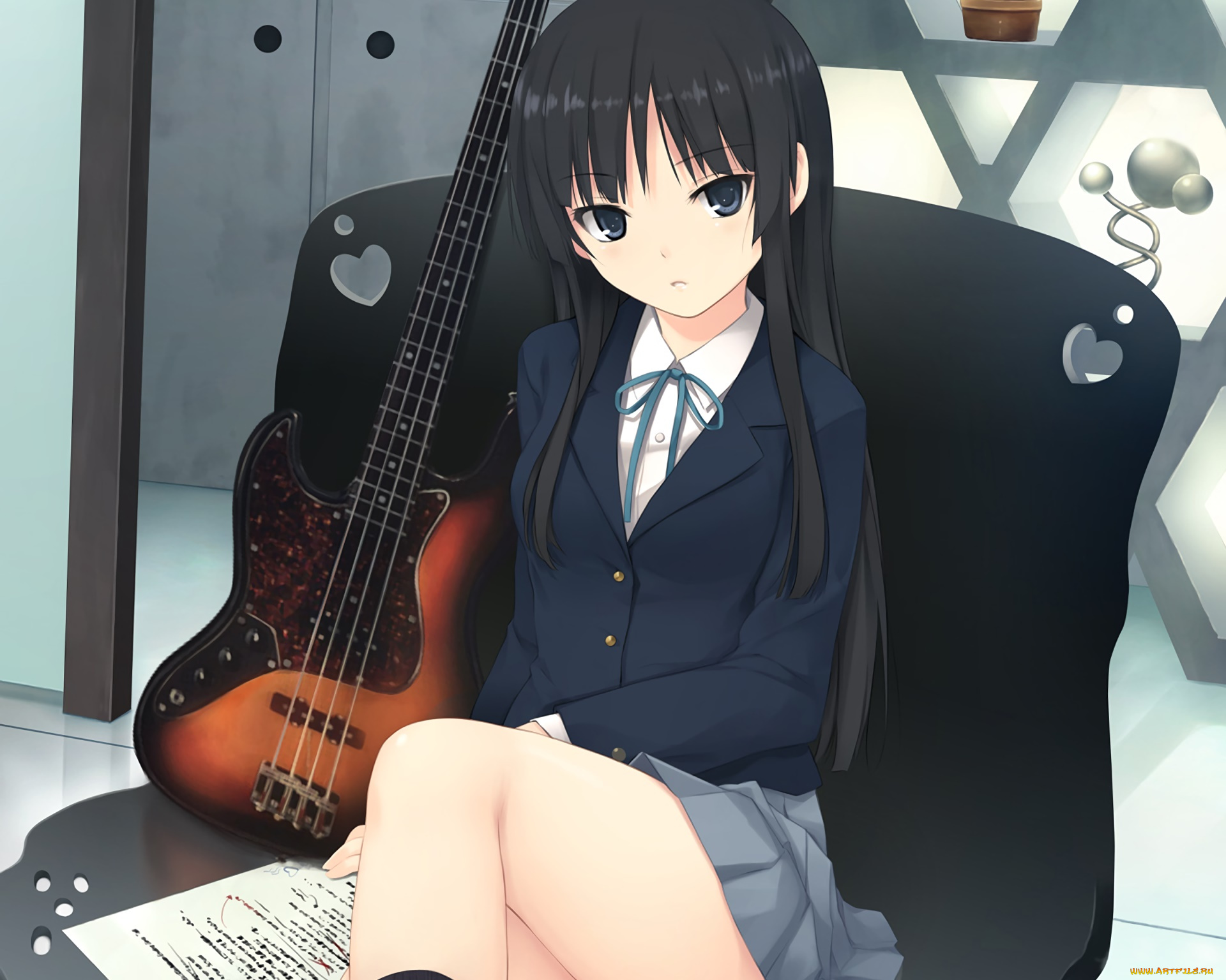 аниме, k-on, девушка, взгляд, фон