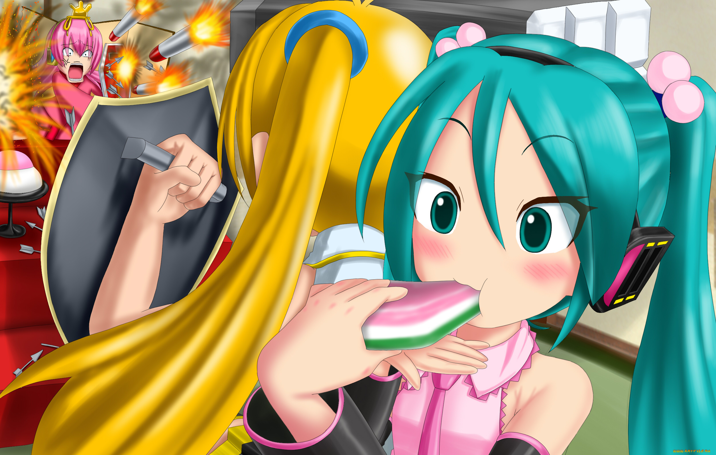 аниме, vocaloid, девушка, взгляд, фон