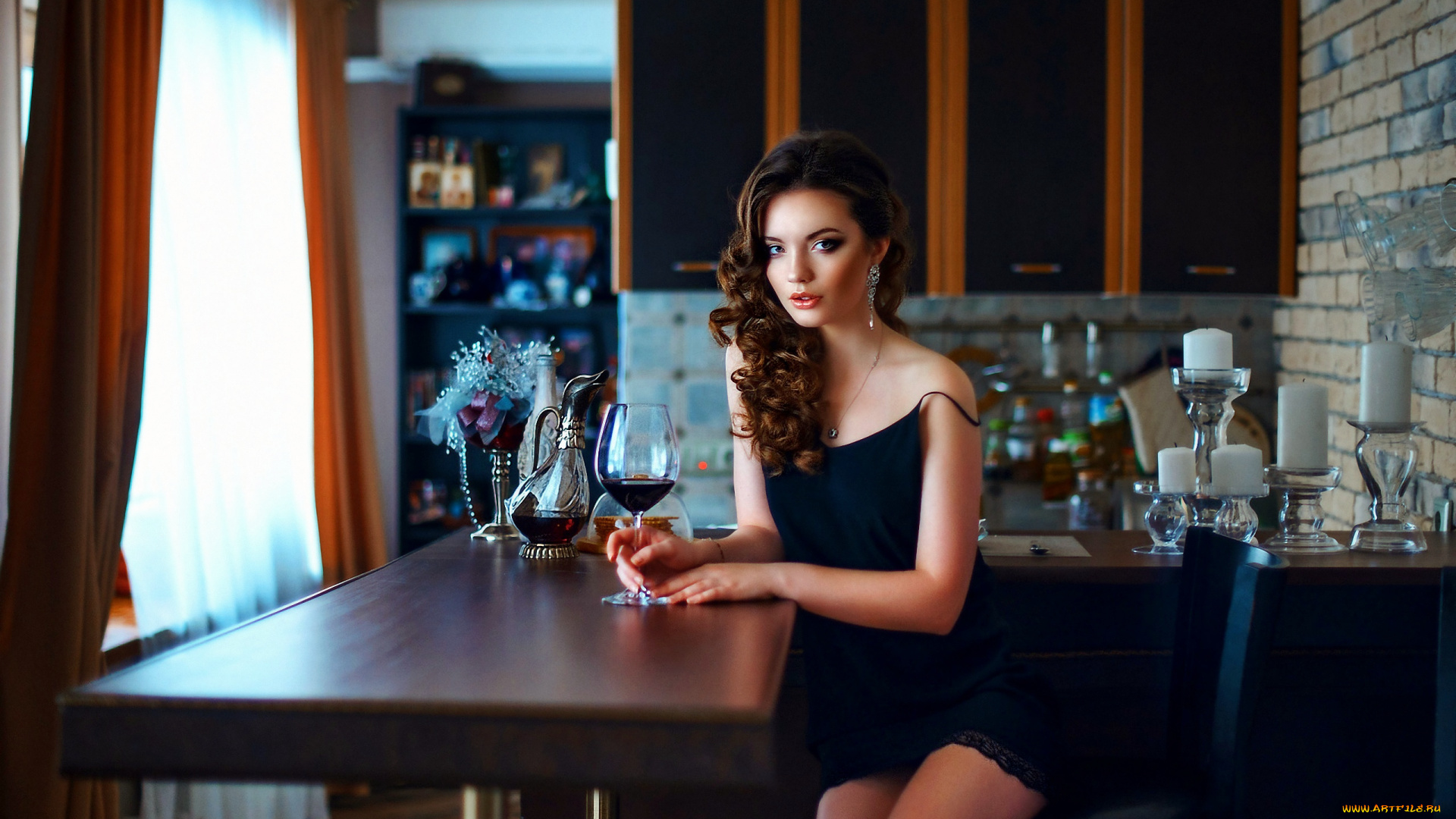 девушки, -unsort, , брюнетки, темноволосые, вино, бокал, локоны