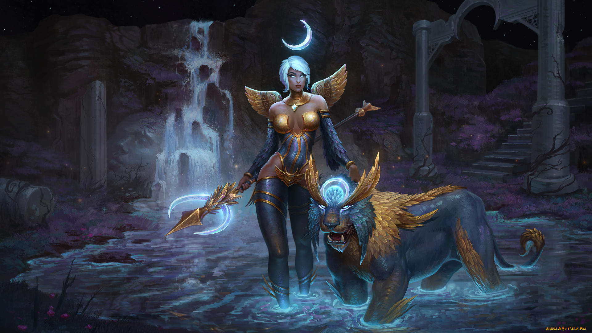 видео, игры, smite, девушка, фон, взгляд, униформа, копье, лев