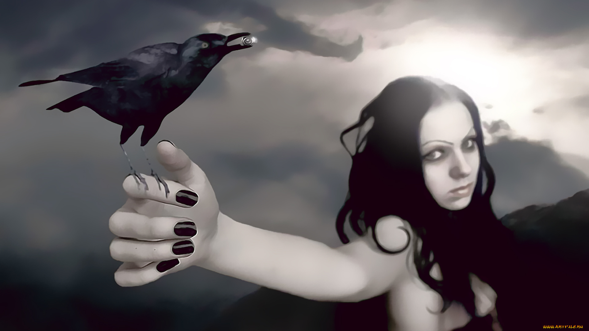 календари, фэнтези, девушка, птица, черный, взгляд, calendar, 2020