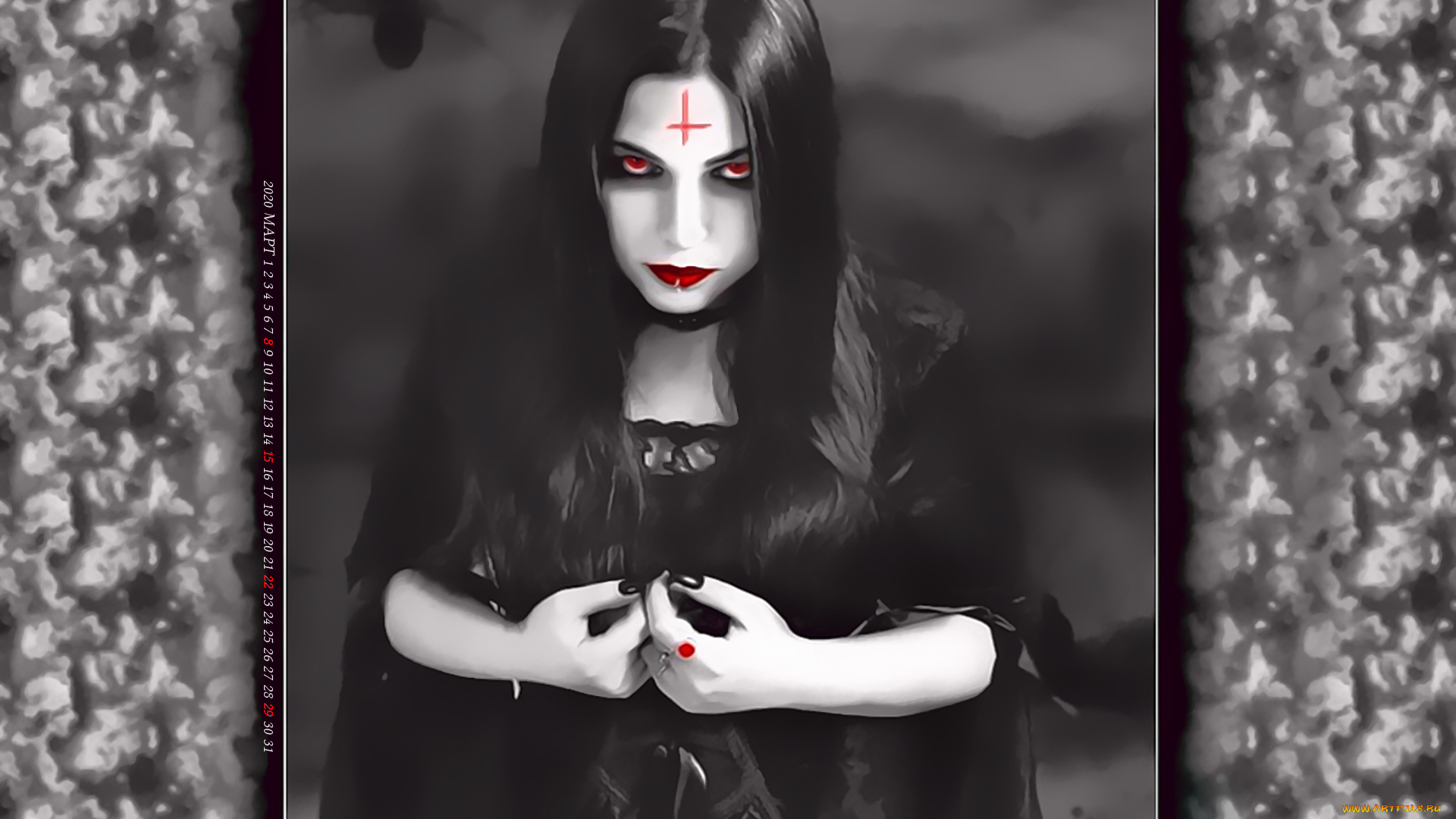 календари, фэнтези, портрет, девушка, взгляд, крест, готика, calendar, 2020