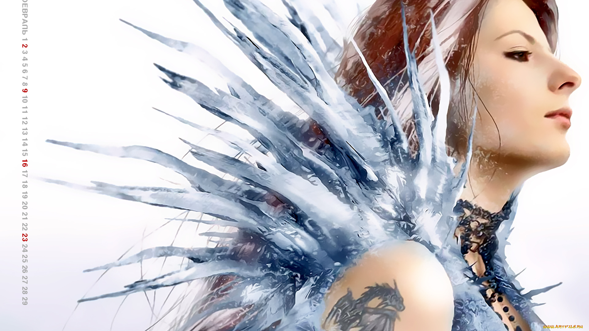 календари, фэнтези, профиль, девушка, тату, дракон, рисунок, calendar, 2020