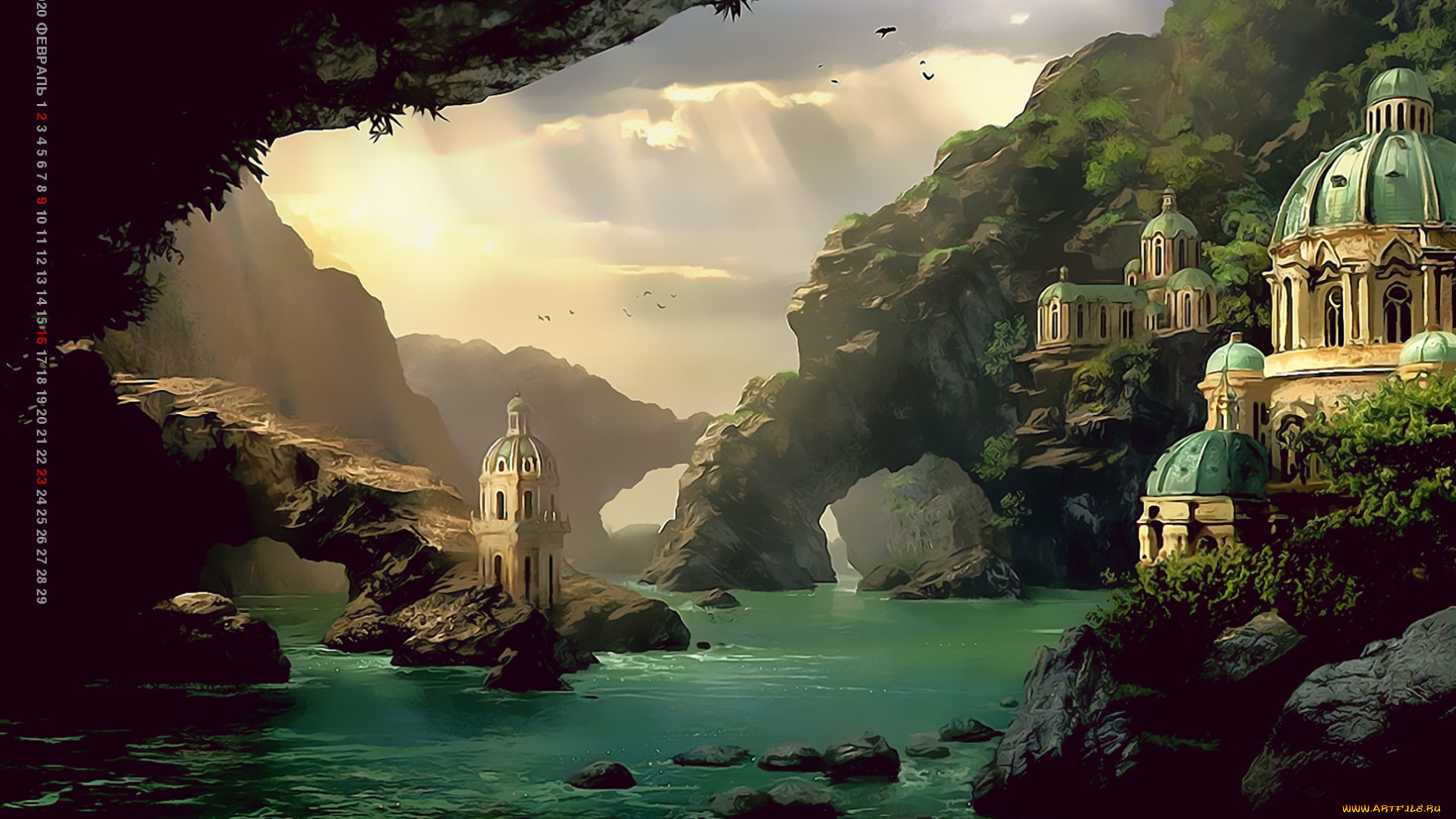 календари, фэнтези, водоем, гора, архитектура, здание, природа, пейзаж, calendar, 2020