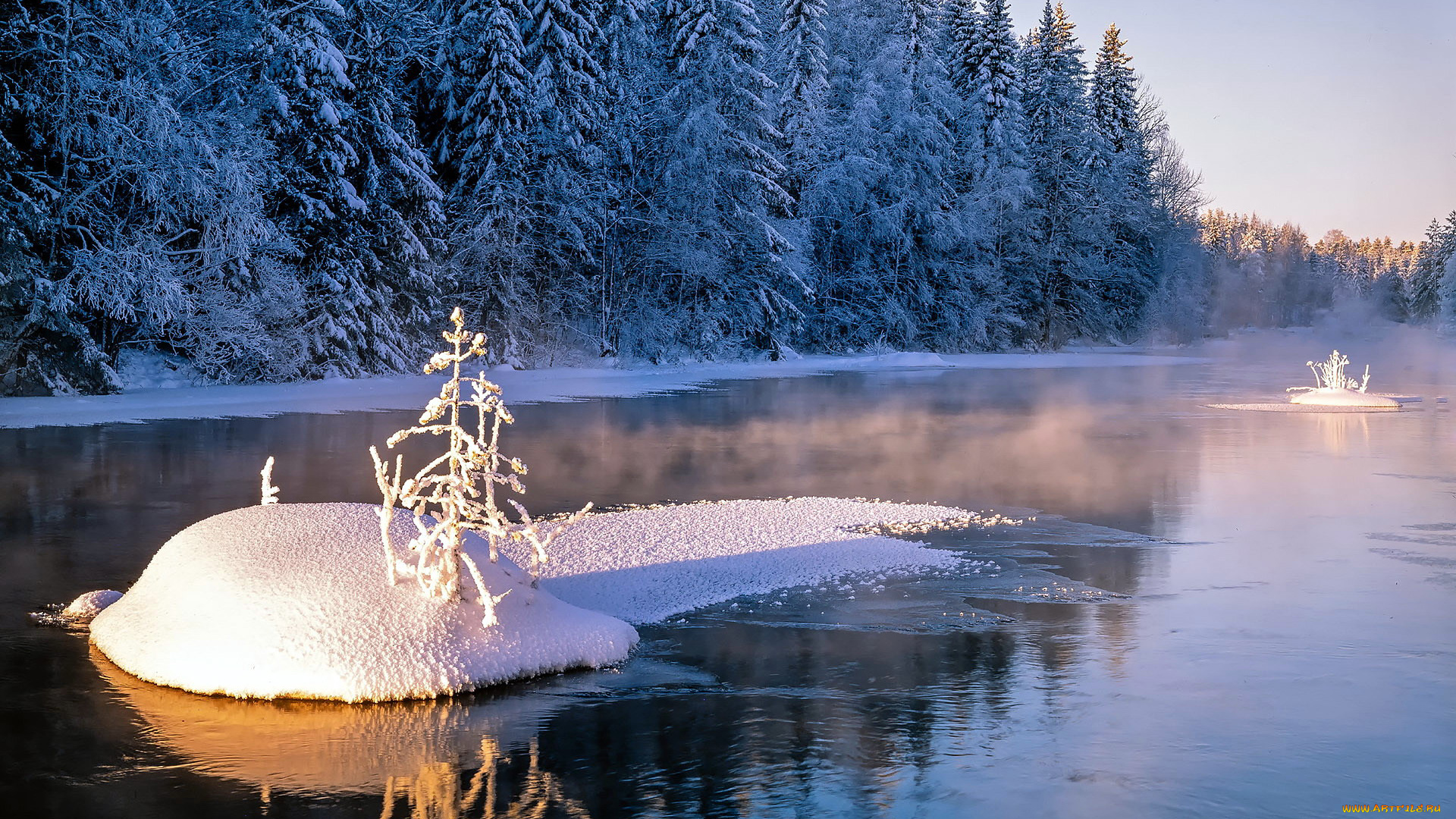 природа, реки, озера, лес, река, зима, снег