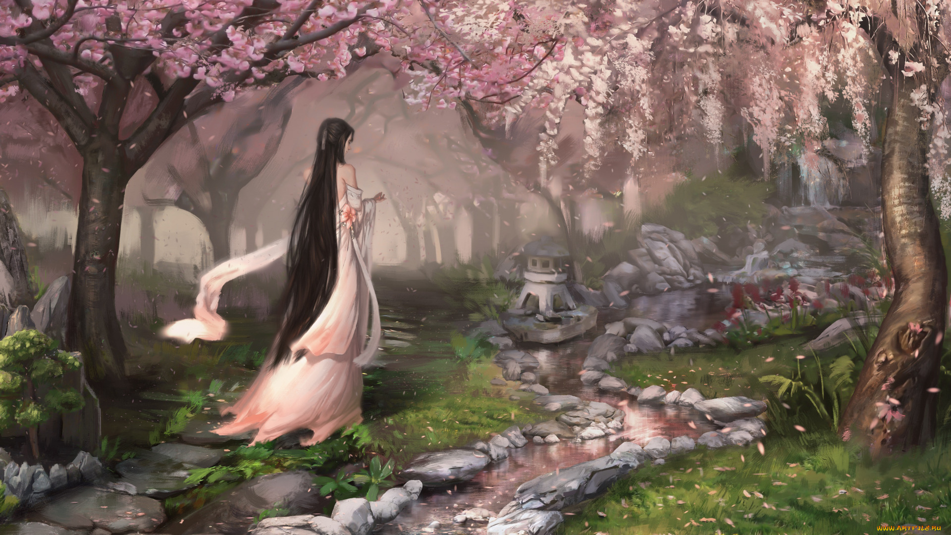 рисованное, люди, девушка, сад, сакура, ручей, камни