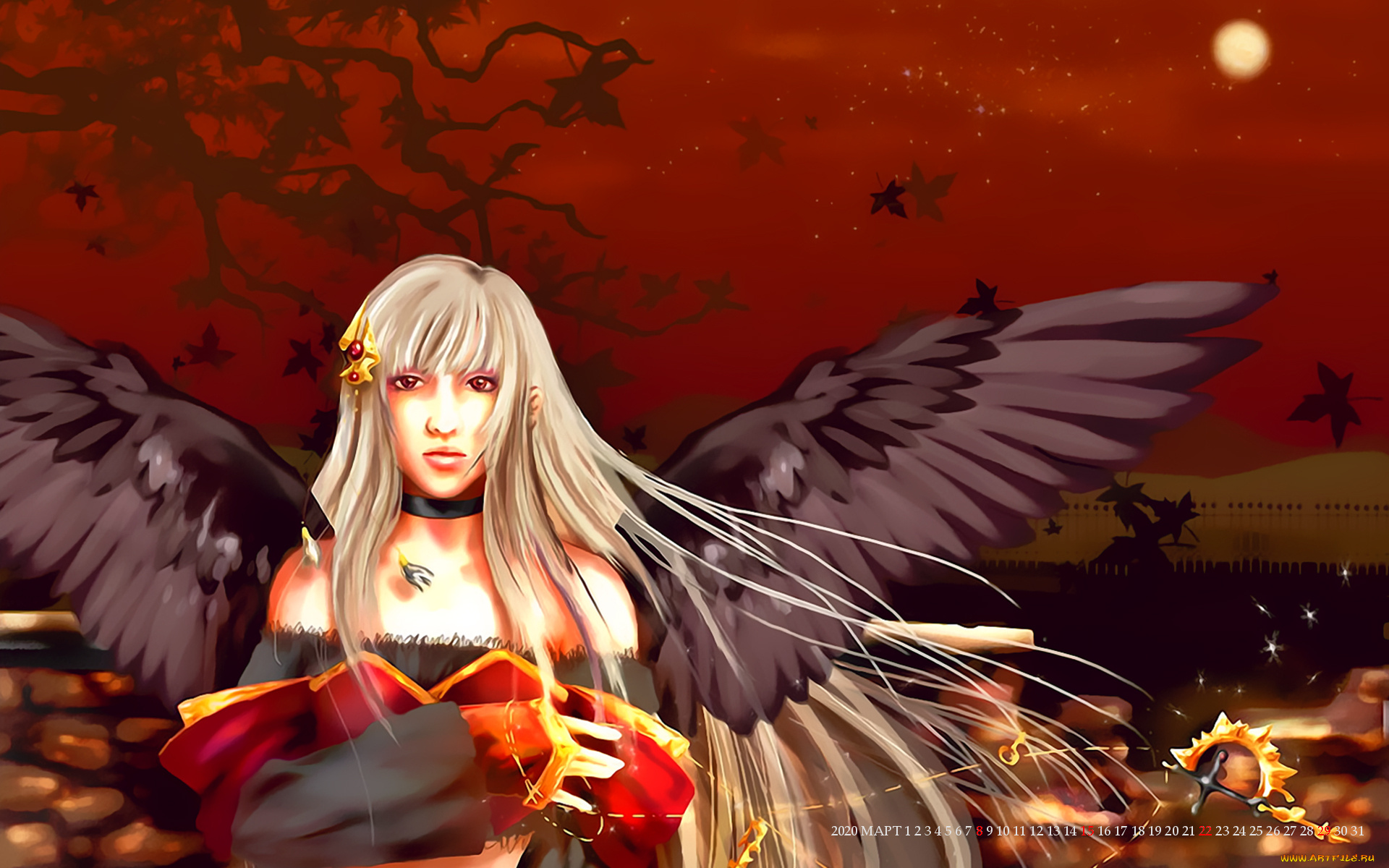 календари, фэнтези, ангел, крылья, черный, девушка, взгляд, calendar, 2020