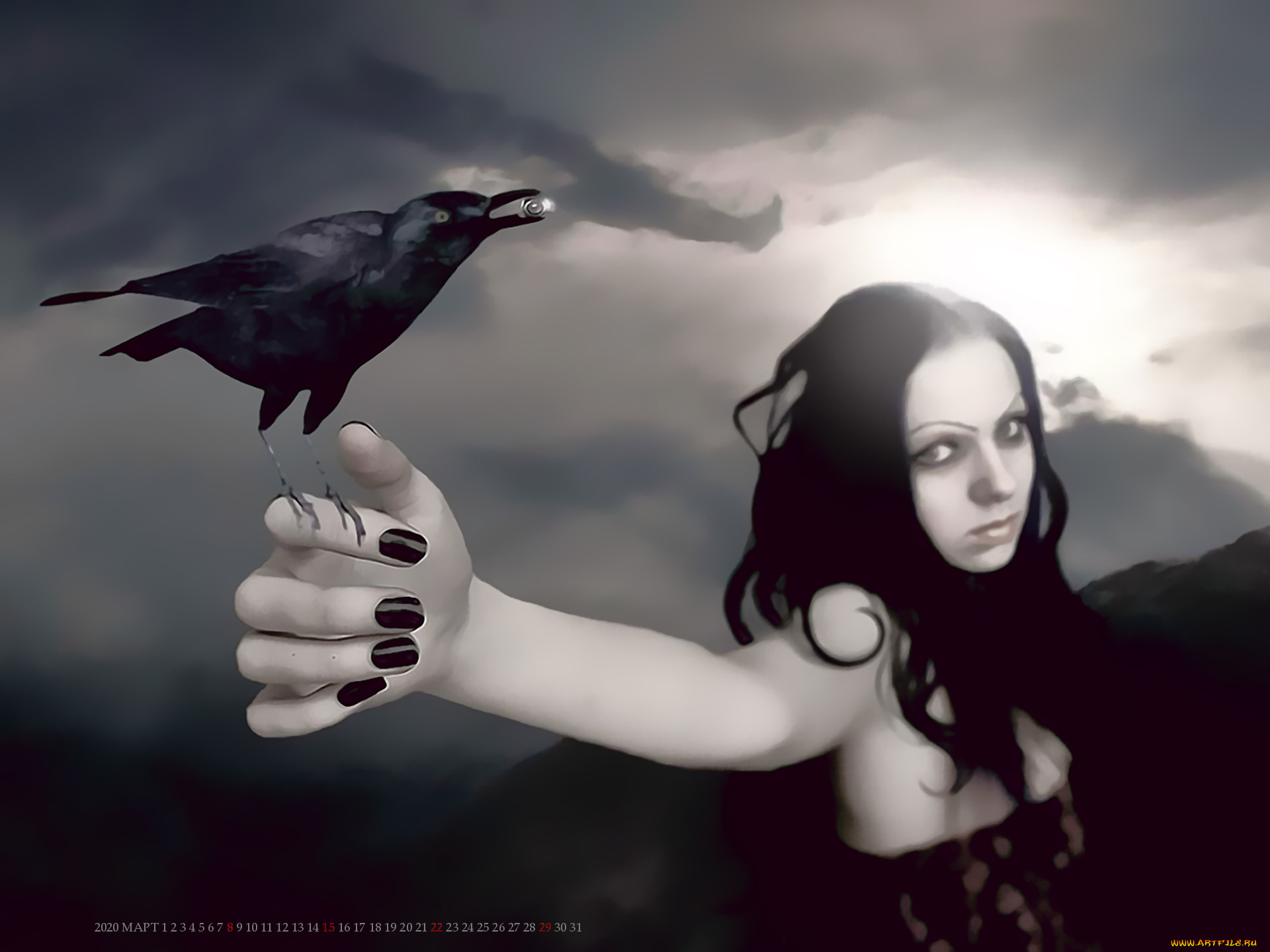 календари, фэнтези, девушка, птица, черный, взгляд, calendar, 2020