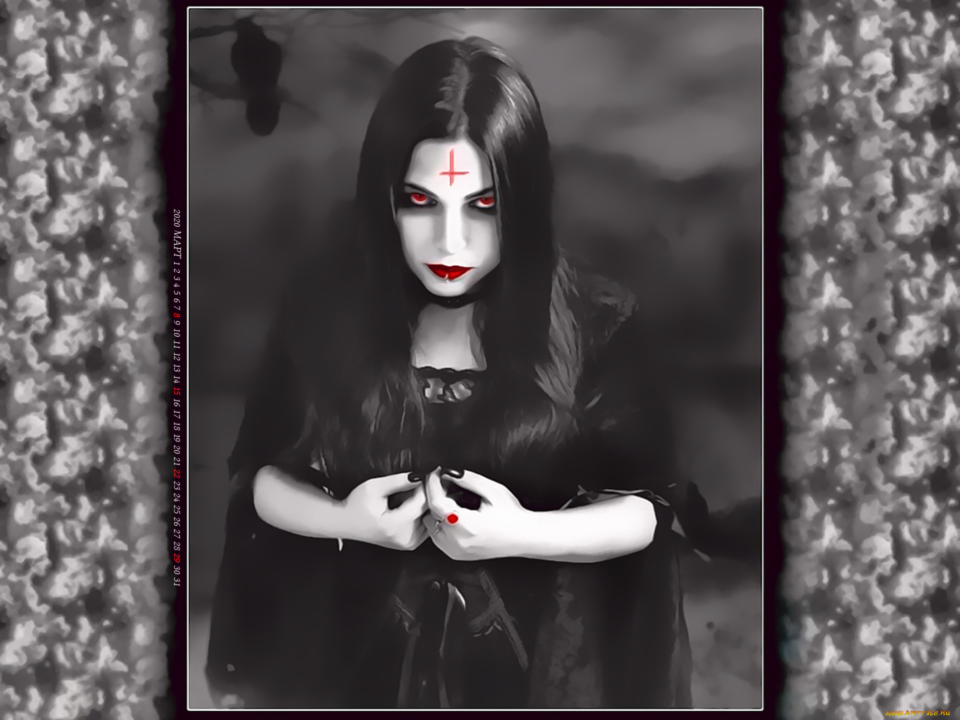 календари, фэнтези, портрет, девушка, взгляд, крест, готика, calendar, 2020