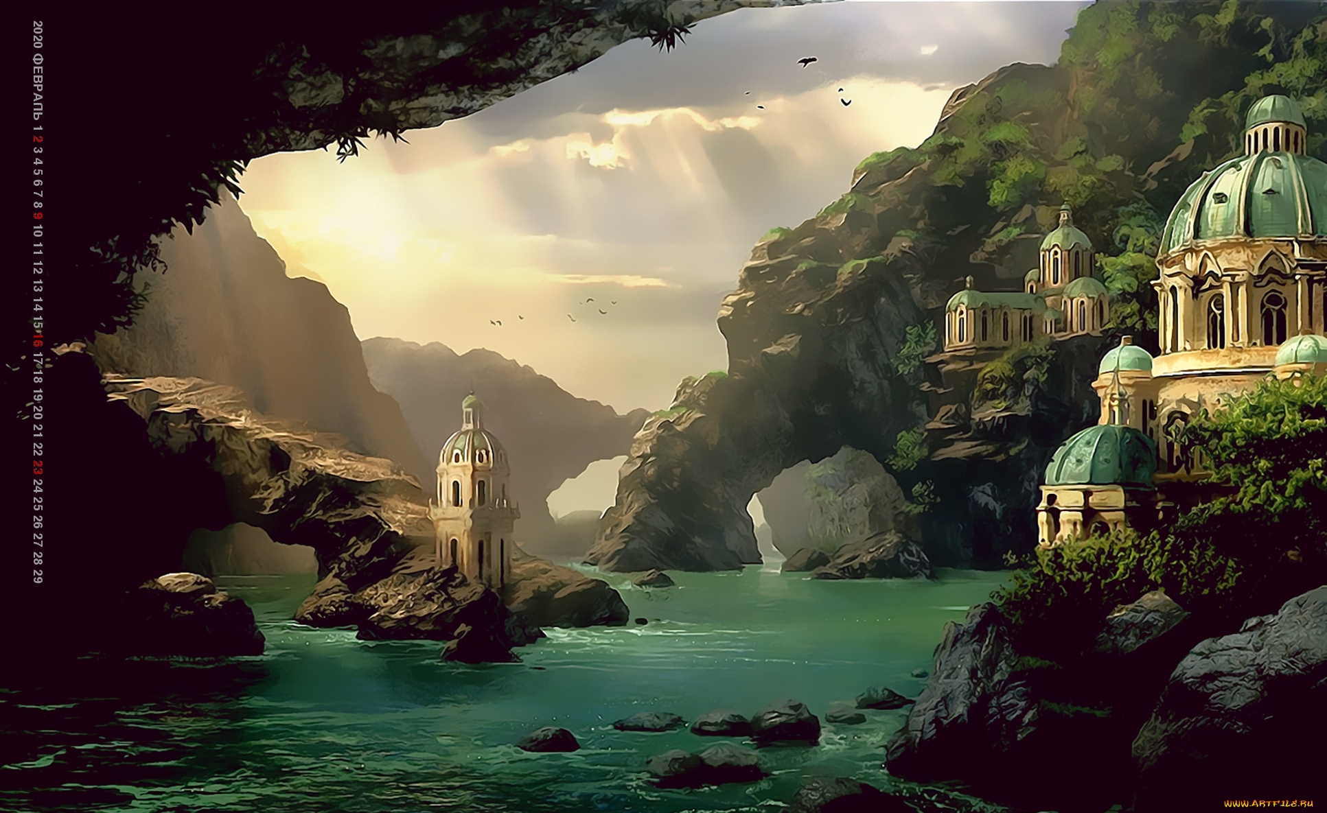 календари, фэнтези, водоем, гора, архитектура, здание, природа, пейзаж, calendar, 2020