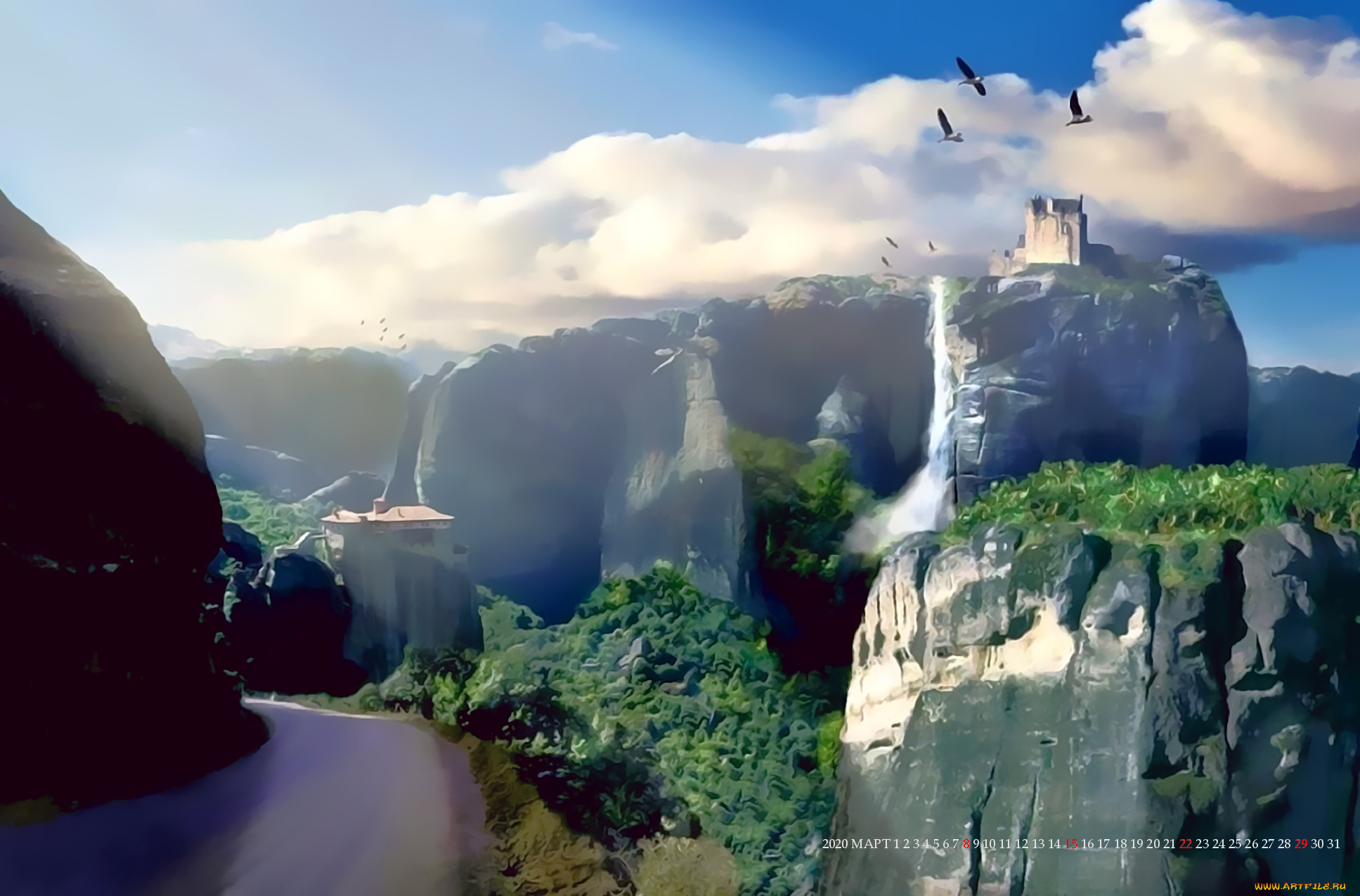 календари, фэнтези, гора, природа, пейзаж, растение, зеленый, птица, calendar, 2020