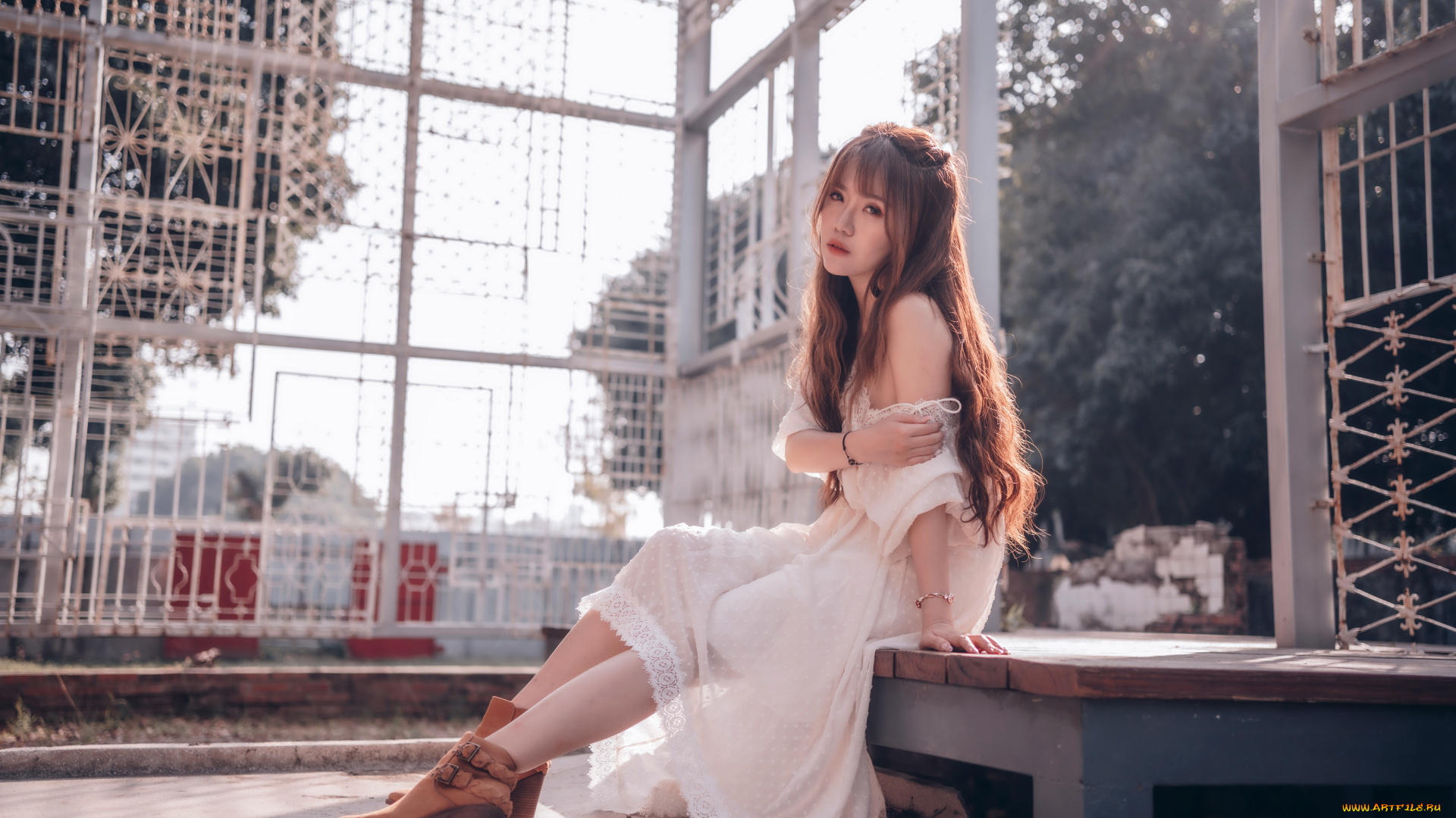 девушки, -, азиатки, шатенка, платье, ботинки, беседка