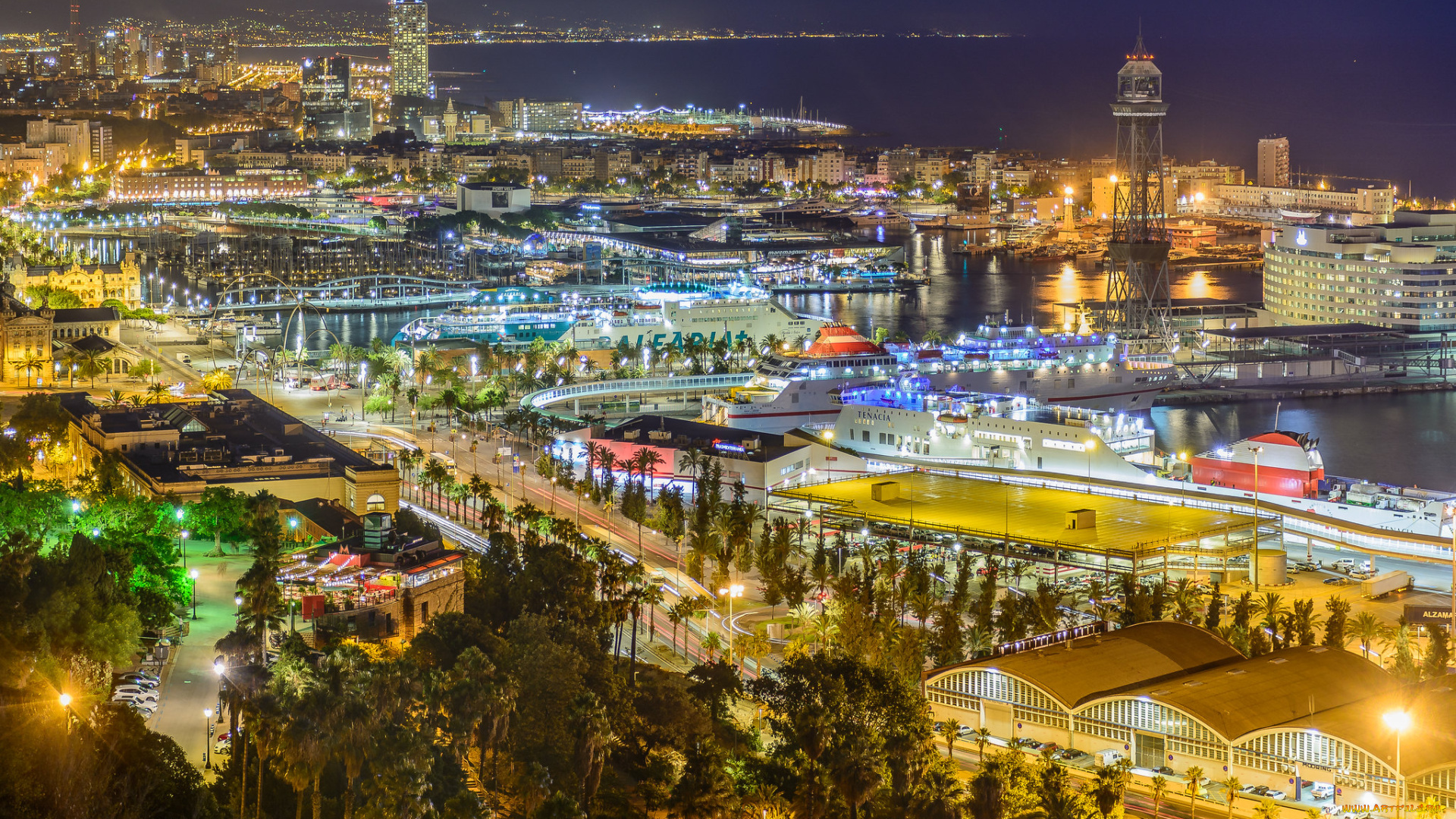 города, барселона, , испания, порт, барселона, огни, ночь, корабли