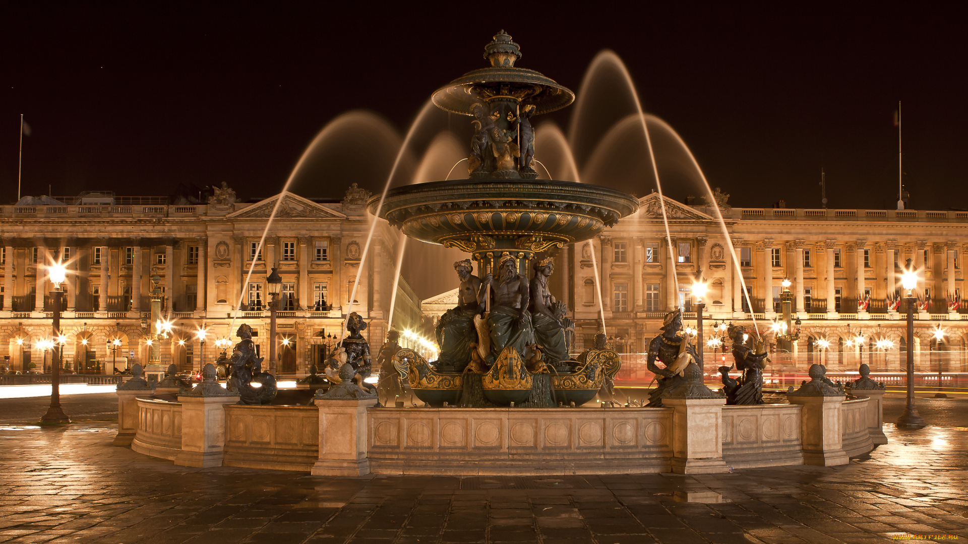 города, париж, , франция, площадь, согласия, центр, париж, фонтан, ночь