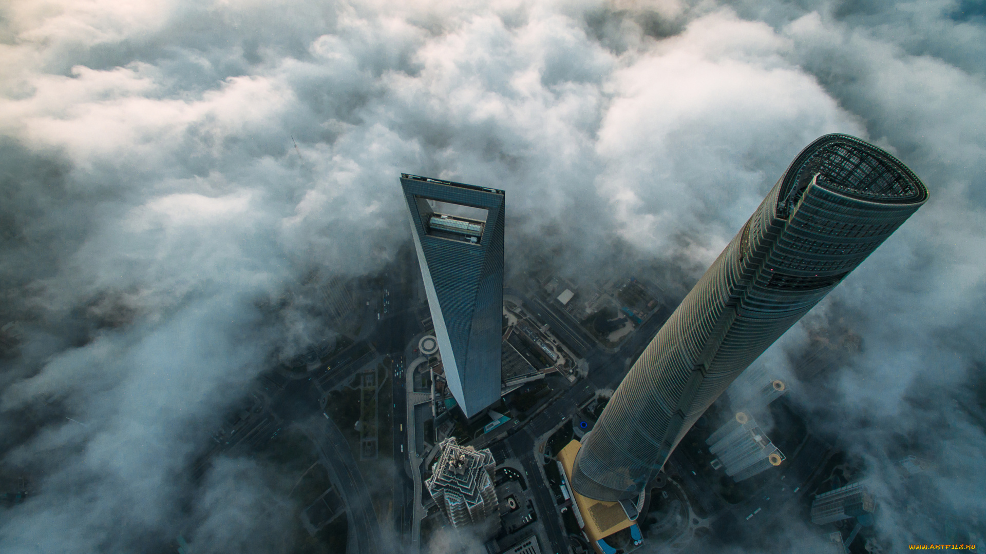 города, шанхай, , китай, город, небоскреб, облака, шанхай, вид, сверху